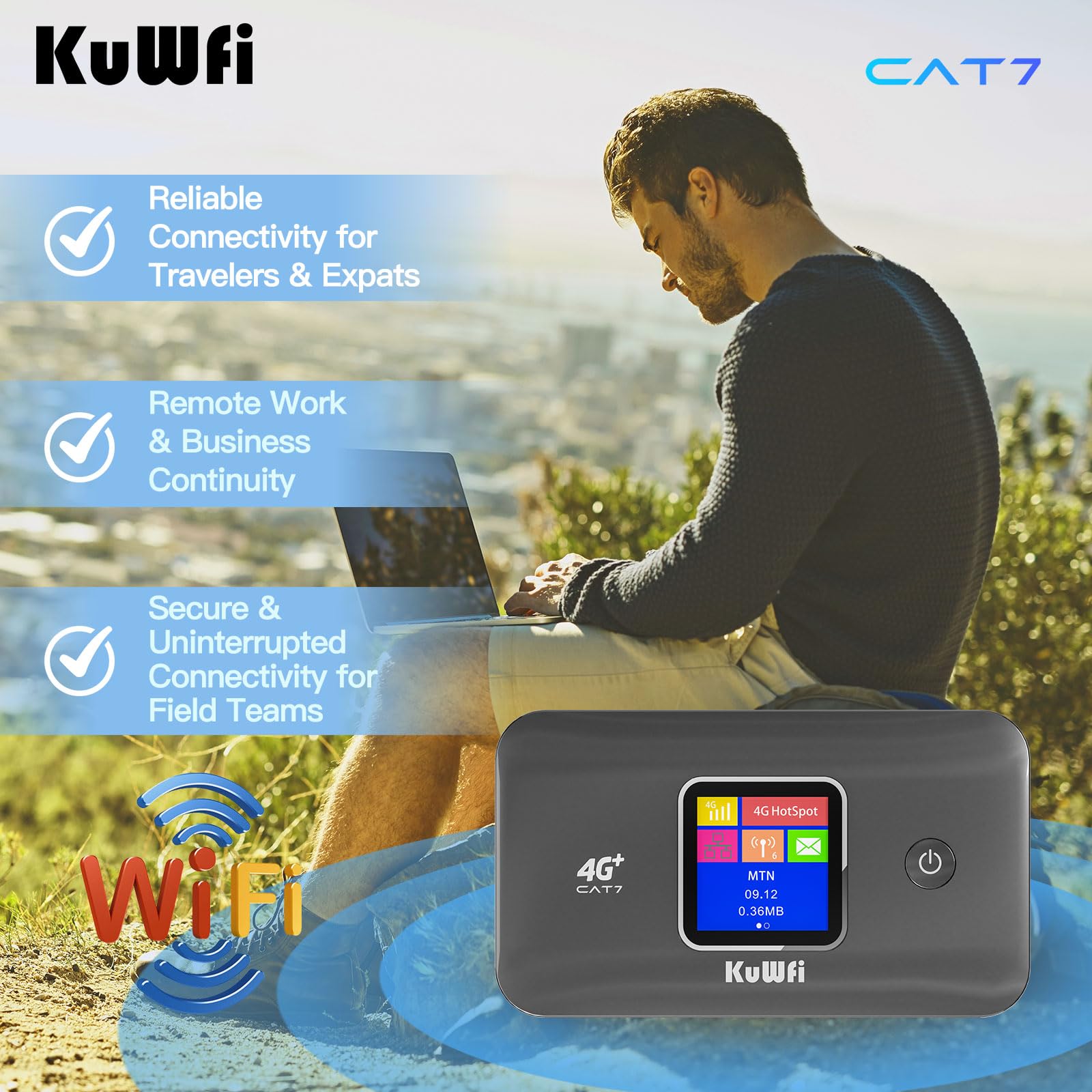 KuWFi Router WiFi 4G CAT7, 300Mbps, Dual Band, SIM, 3000mAh
