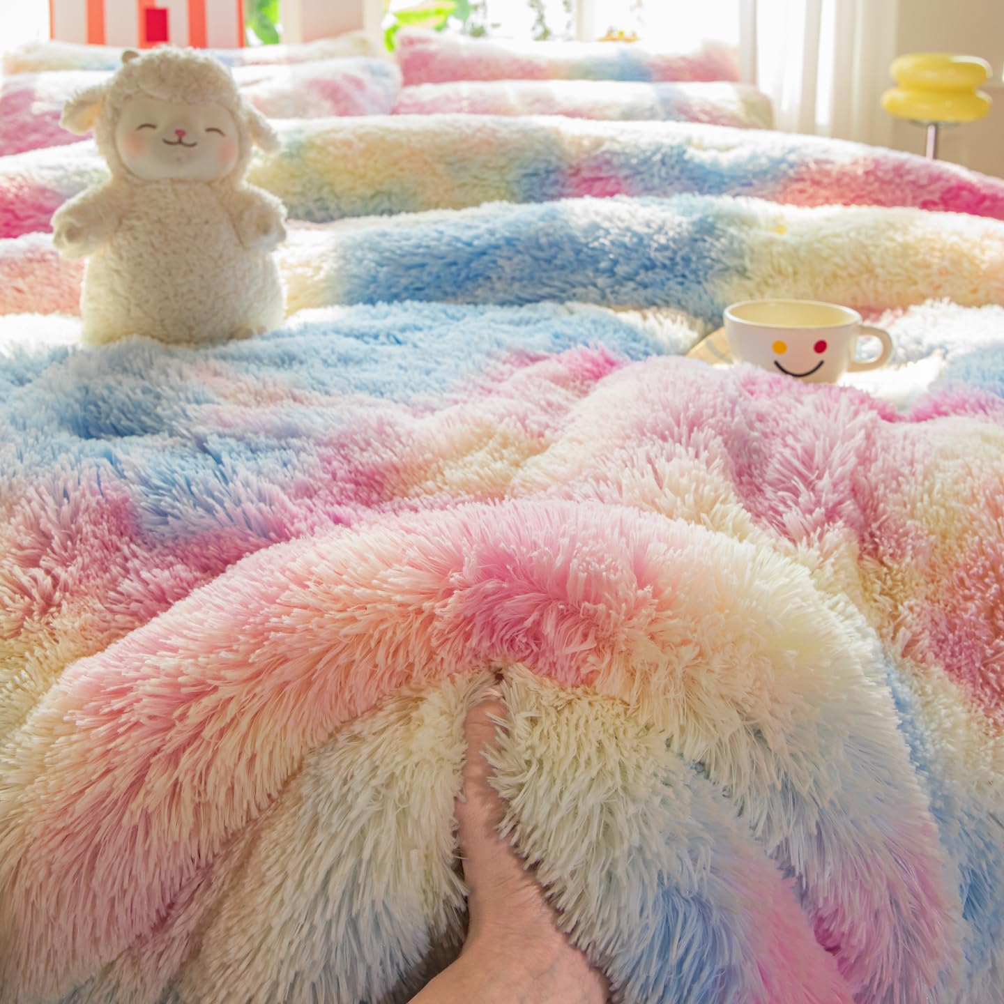 chovy Kids Girls Faux Fur Sunshine Rainbow Comforter Sets Twin/Full - 3PC Bed Set Soft Warm Comfortable Rabbit Plush Velvet Flannel Fluffy Fuzzy Bedding(Comforter x 1 Pillowcases x 2) - Image 7