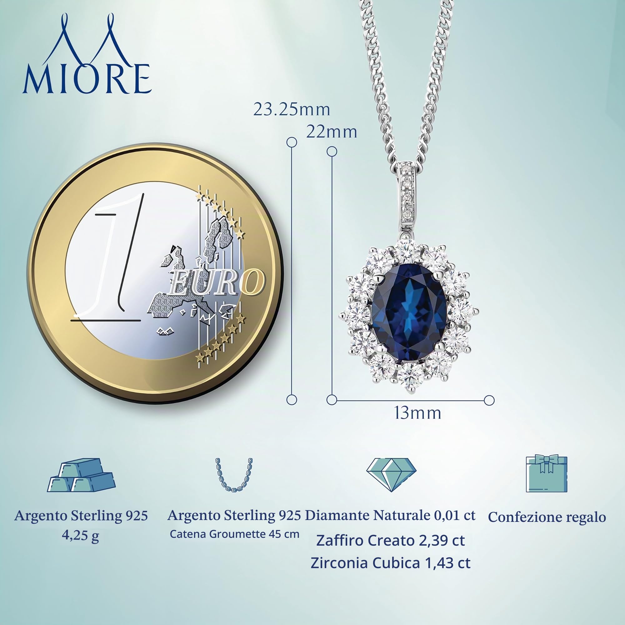 Miore Collana con Pendente da Donna in Argento 925 con Zaffiro e Zirconi, 45 cm