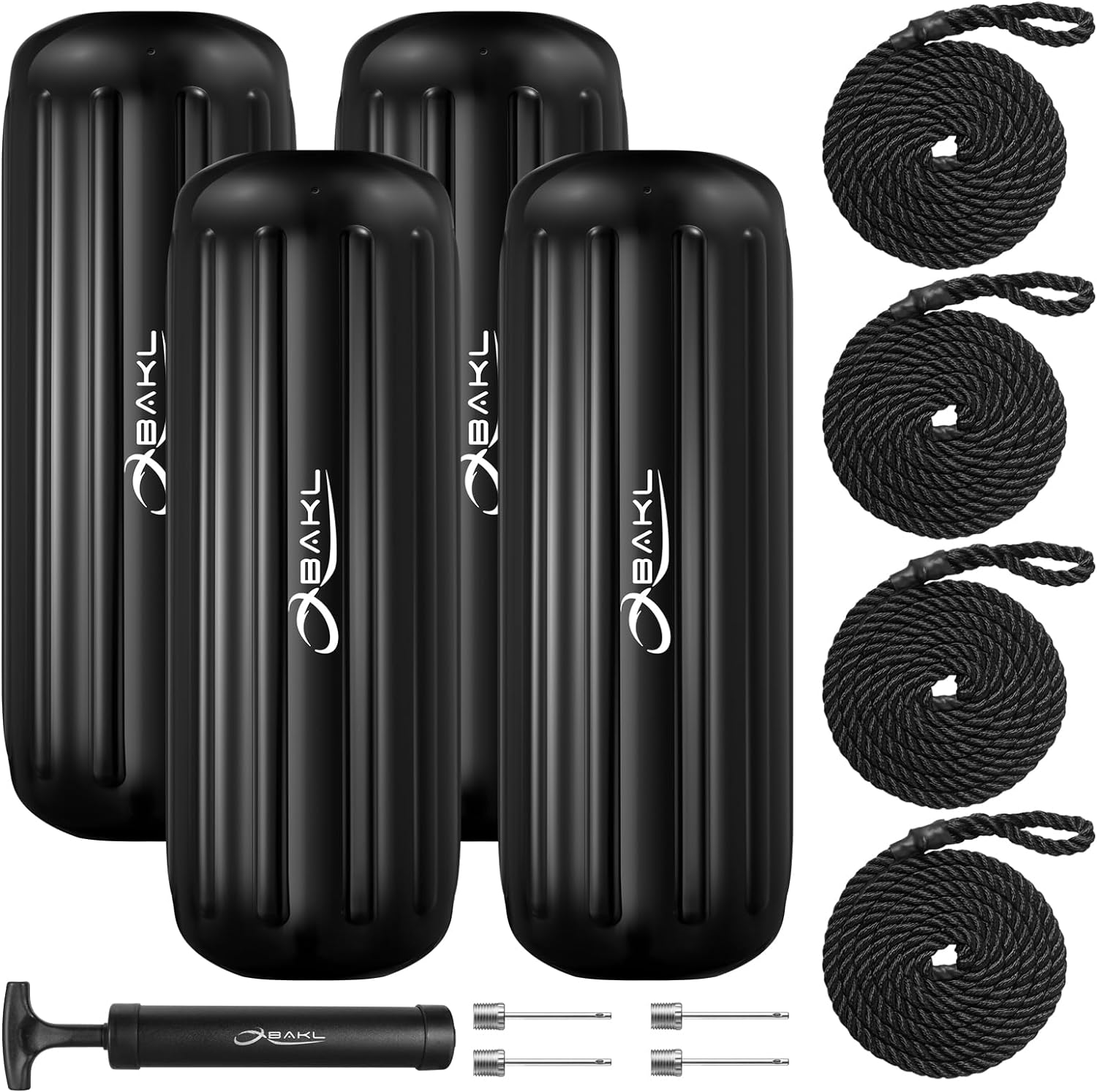 Boat Fenders 4 Pack 10 x 28 Inches Ribbed Center Hole Boat Fenders Bumpers for Docking, Comes with Ropes and Pump to Inflate Obsidian Black