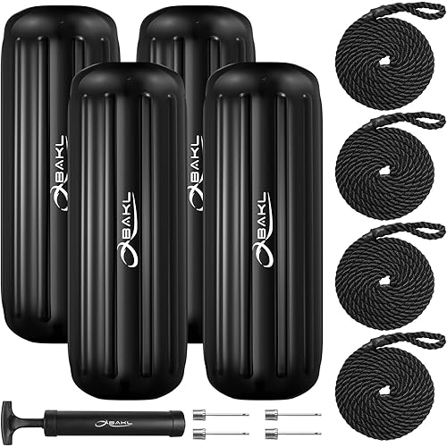 Boat Fenders 4 Pack 10 x 28 Inches Ribbed Center Hole Boat Fenders Bumpers for Docking, Comes with Ropes and Pump to Inflate