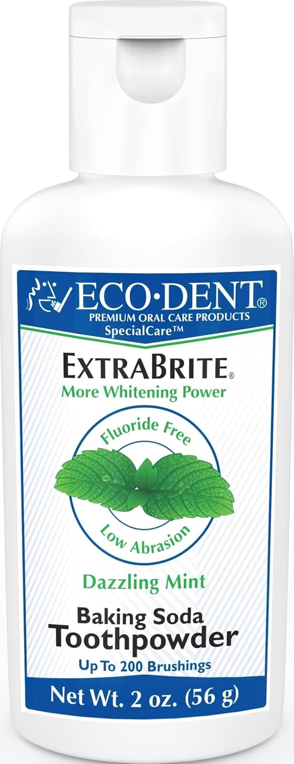 Eco-Dent ExtraBrite Baking Soda Tooth Powder, Mint – SLS & Fluoride-Free Toothpaste Powder with Oxidizing Calcium Peroxide, Whitening Toothpaste Alternative + DailyRinse Single-Use Pack