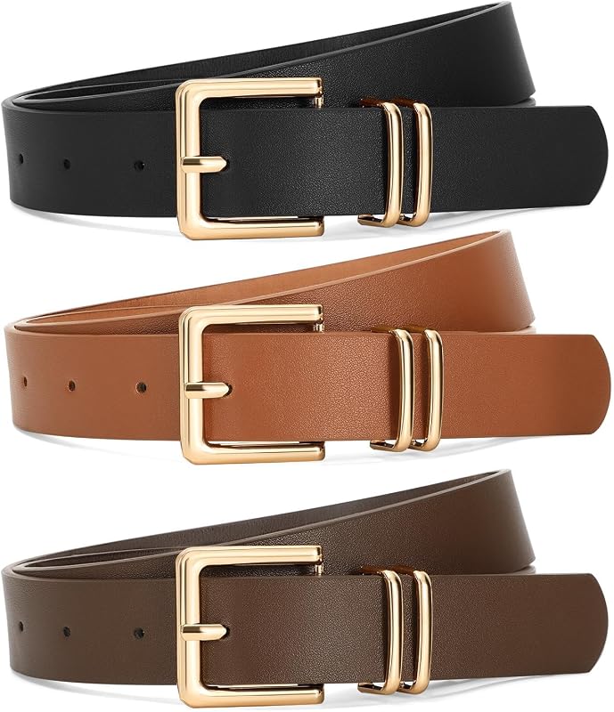 Paquete de 3 cinturones de cuero para mujer para pantalones jeans, vestidos, cinturón de moda para mujer con hebilla cuadrada dorada