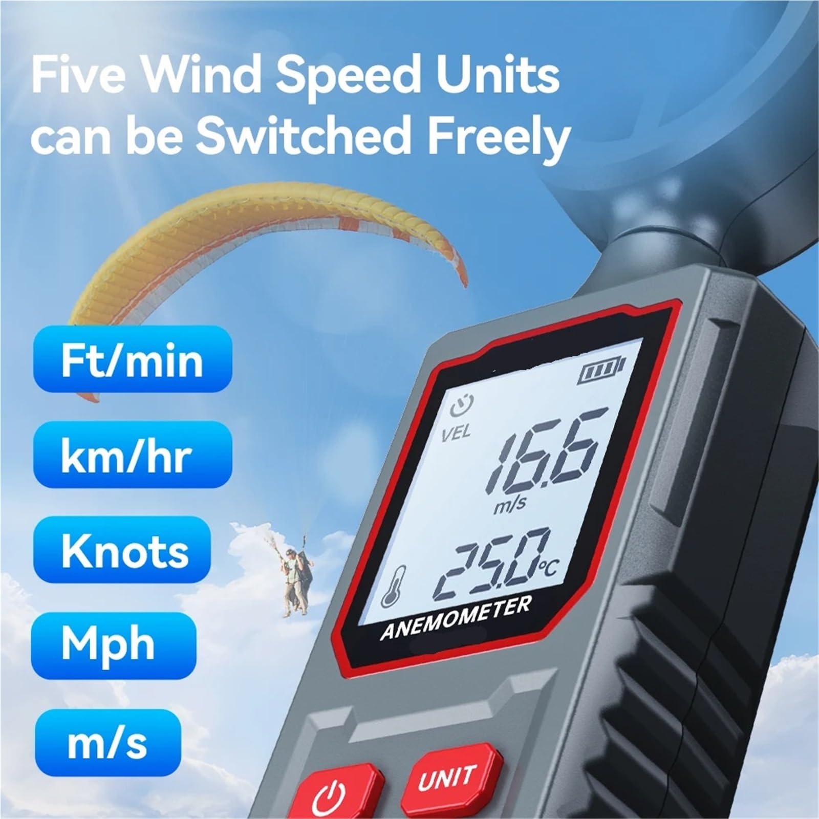 Wiatromierz, Przenośny cyfrowy anemometr, miniaturowy miernik prędkości wiatru, przepływu powietrza i temperatury z podświetleniem LCD