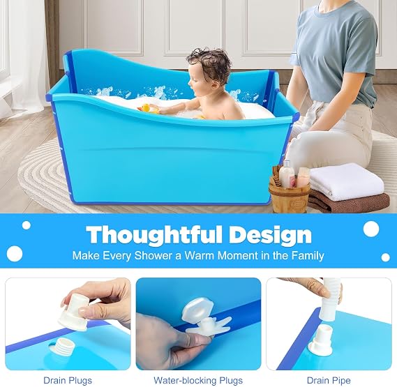 34 Inch Foldable Freestanding Blue Collapsible Bath Tub