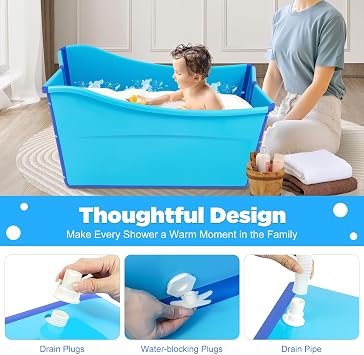 34 Inch Foldable Freestanding Blue Collapsible Bath Tub