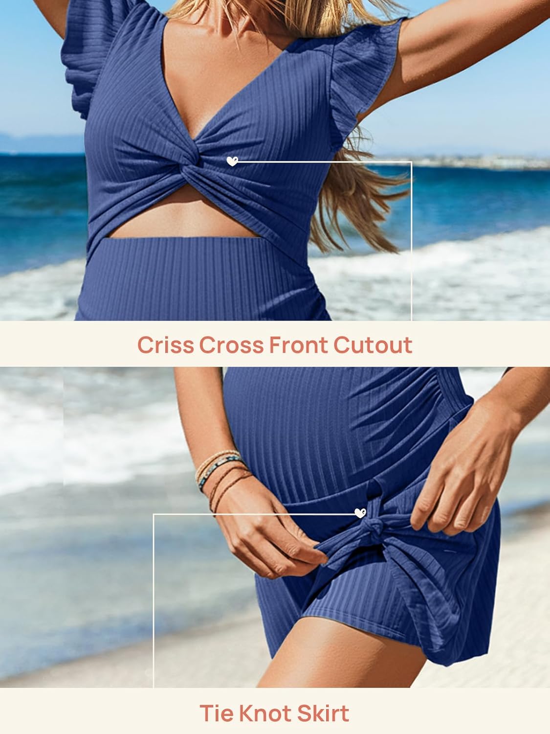 Summer Mae Ribbed Maternity One Piece Swimsuit Dress Cutout Bathing Suit with Built-in Pocket Short Swimwear Tie Knot Skirt