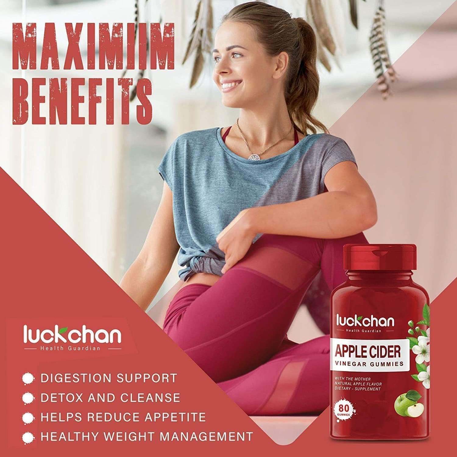 LUCKCHAN Apple Cider Vinegar Gummies with Mother - Maximum Strength - ACV Gummies Weight Management Supports Digestion Supplement for Sugar-Free Vitamins B9 & B12, Gluten-Free Adult & Kids (2 Packs)