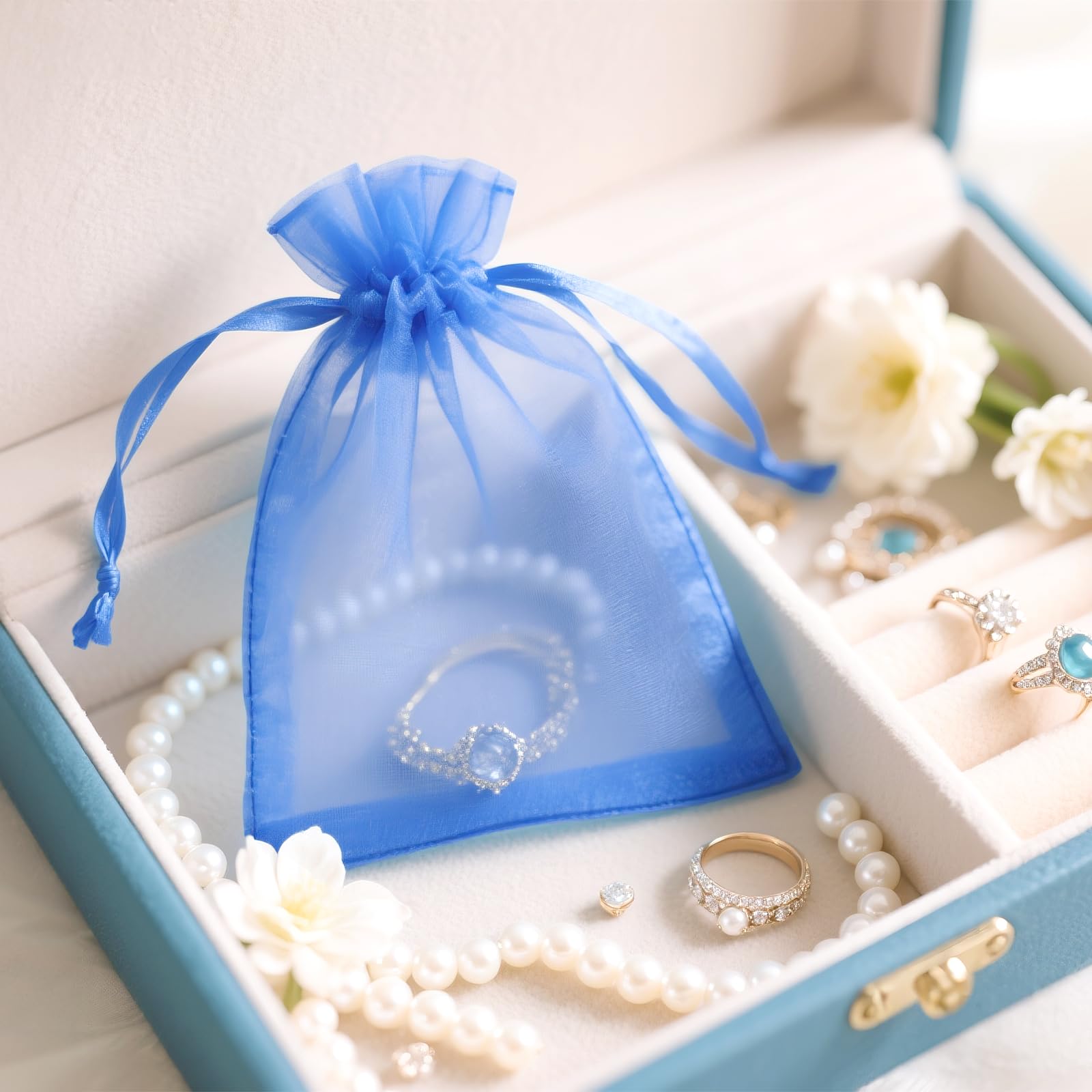 G2PLUS 100PCS Bolsas Organza Azul: Bolsas de Organza de Regalo con Cordón 10×15CM para Boda Favores Joyas y Dulces