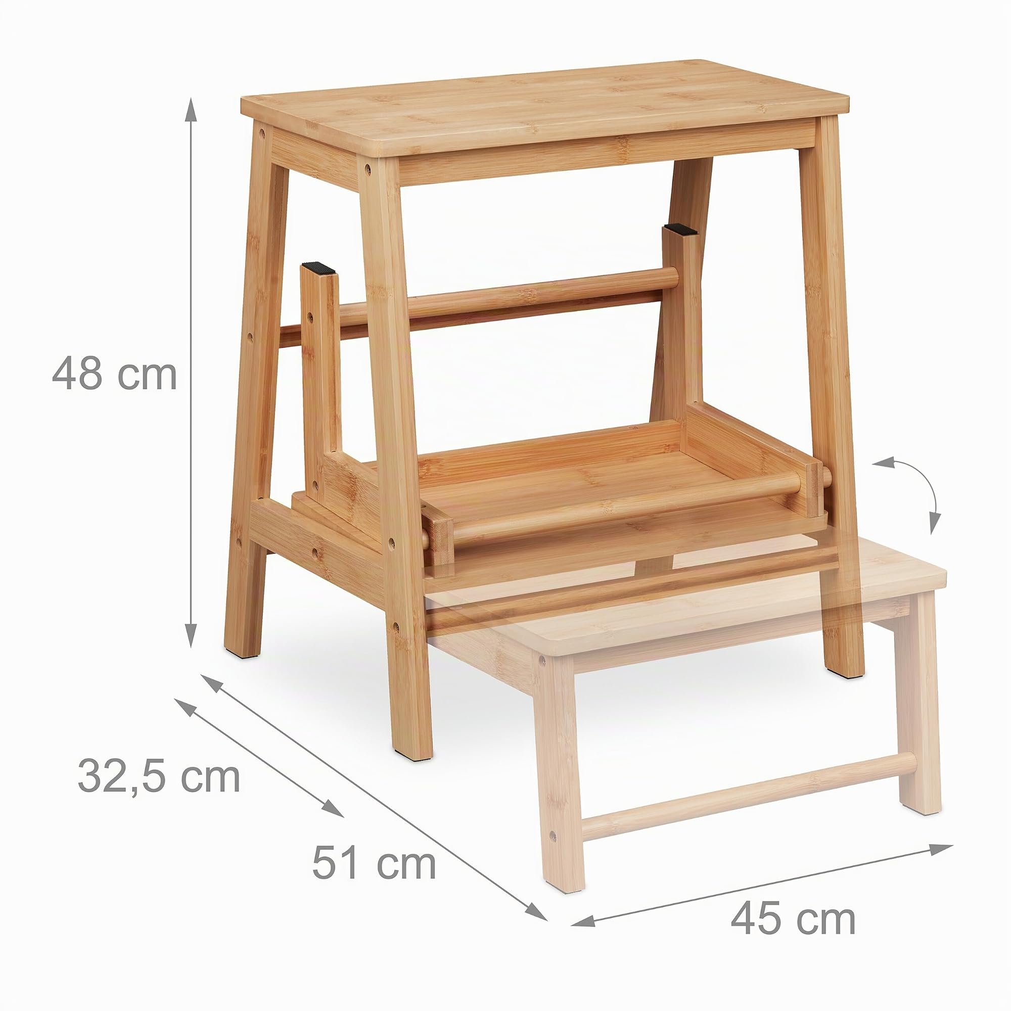 Relaxdays Sgabello Poggiapiedi in bambù, Fino a 100 kg, Pieghevole, 2 Scalini Appoggia Piedi, 48 x 45 x 51 cm, Naturale