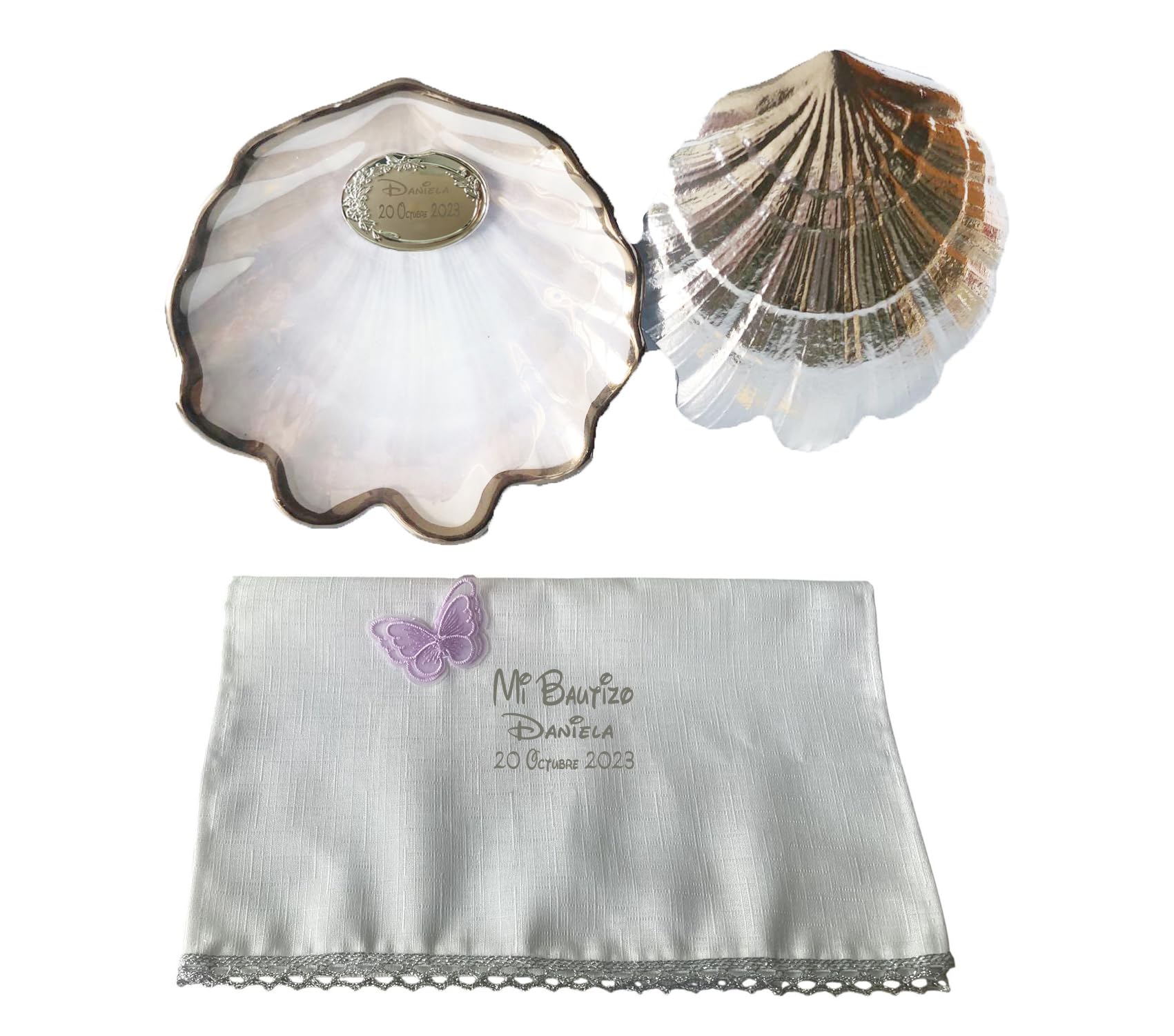 Concha Bautismal y Pañuelo de Bautizo Incluido, Filo y Trasera Plateados o Dorados, Personalizable en Varias Tipologías de Letra (Filo y Trasera Plateada)