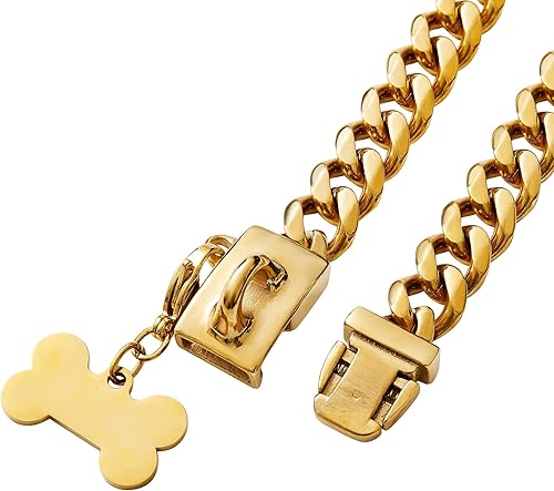 Miniatura 2 de Collar de perro de acero inoxidable, collar de joyería de bulldog con encanto, impermeable, oro rosa, negro, plateado, collar de perro cubano