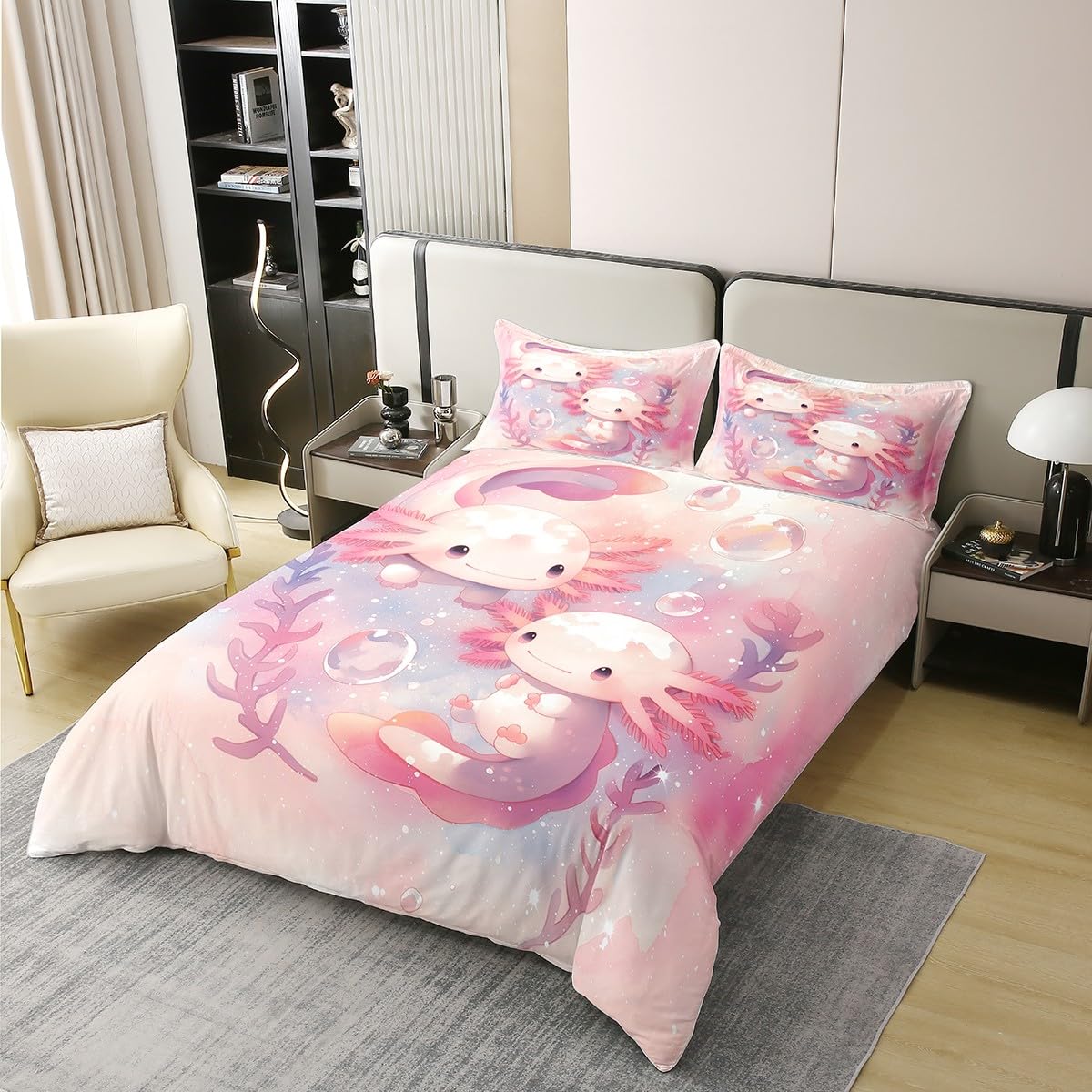 Homemissing Axolotl Baumwolle Bettwäsche Set 135x200cm Nette Bettbezug Set für Jungen Mädchen Kawaii Ozean Sealife Betten Set Light Pink