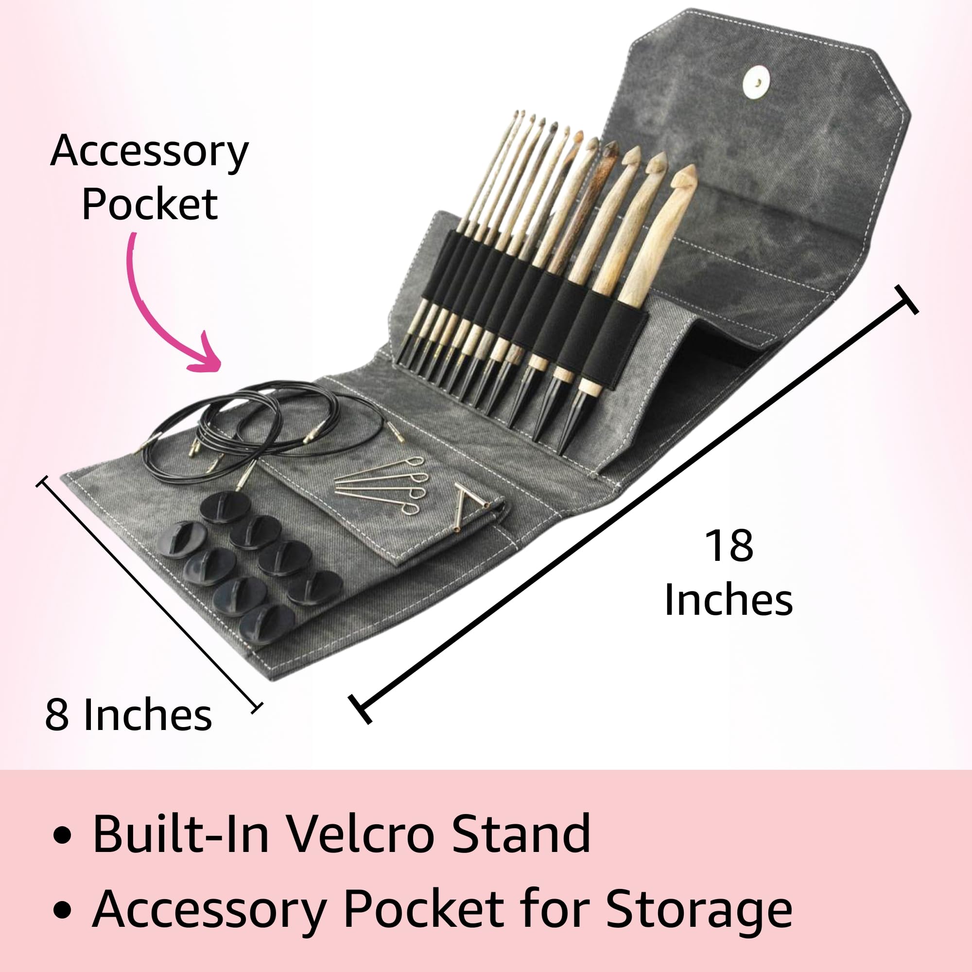 Lykke Treibholz, austauschbares Häkelnadel-Set, Birkenholz, 15 cm, US E4, F5, G6, 7, H8, I9, J10, K10.5, L11, M13, N15, P16, inklusive grauem Denim-Etui, gebündelt mit 1 Artsiga Craft-Projekt-Tasche