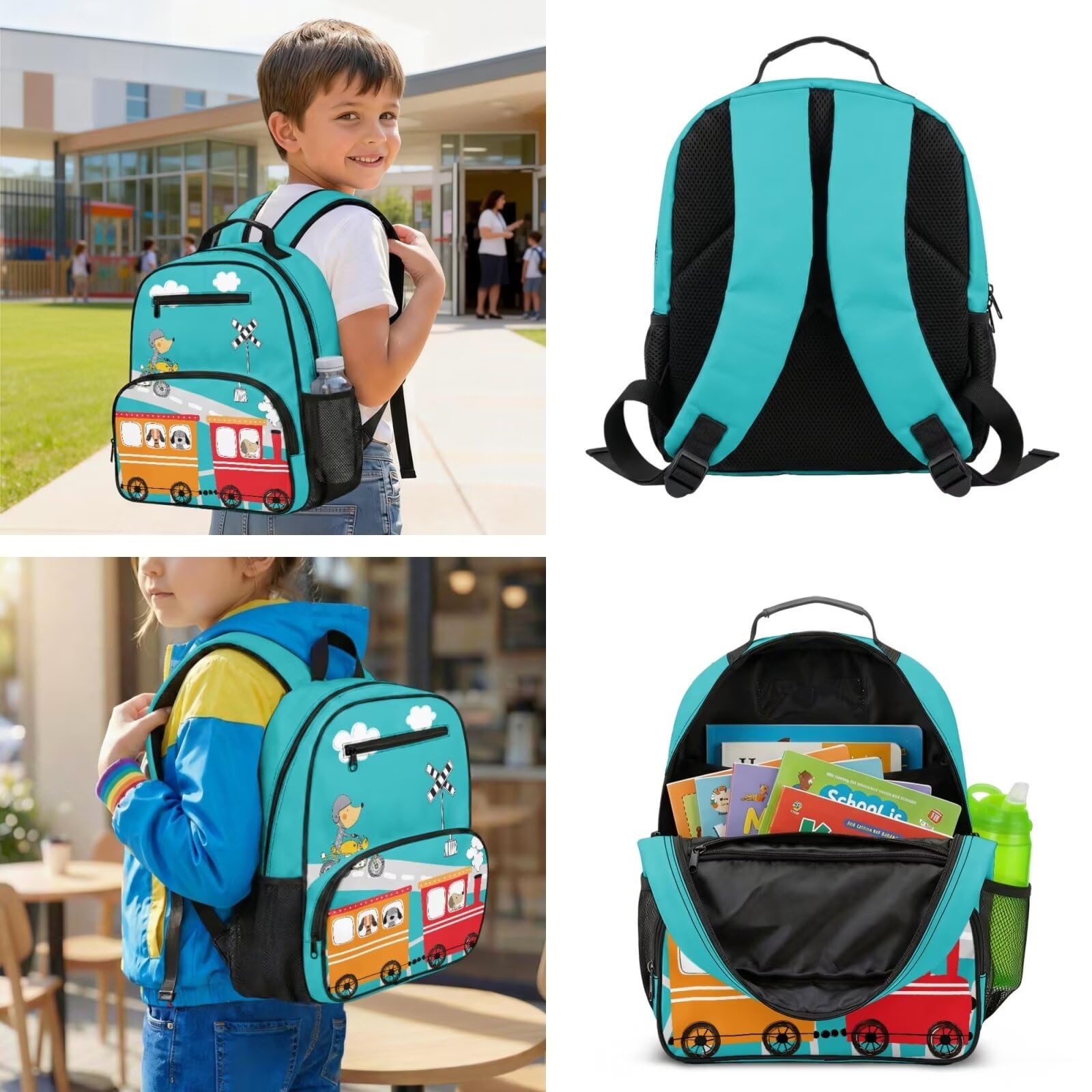 COEQINE Mochila para niños pequeños con fiambrera, juego de 3 bolsas escolares con bolsa de utensilios para niños de 4 a 10 años, Red Train Traffic Teal Sky, M, Diseñador