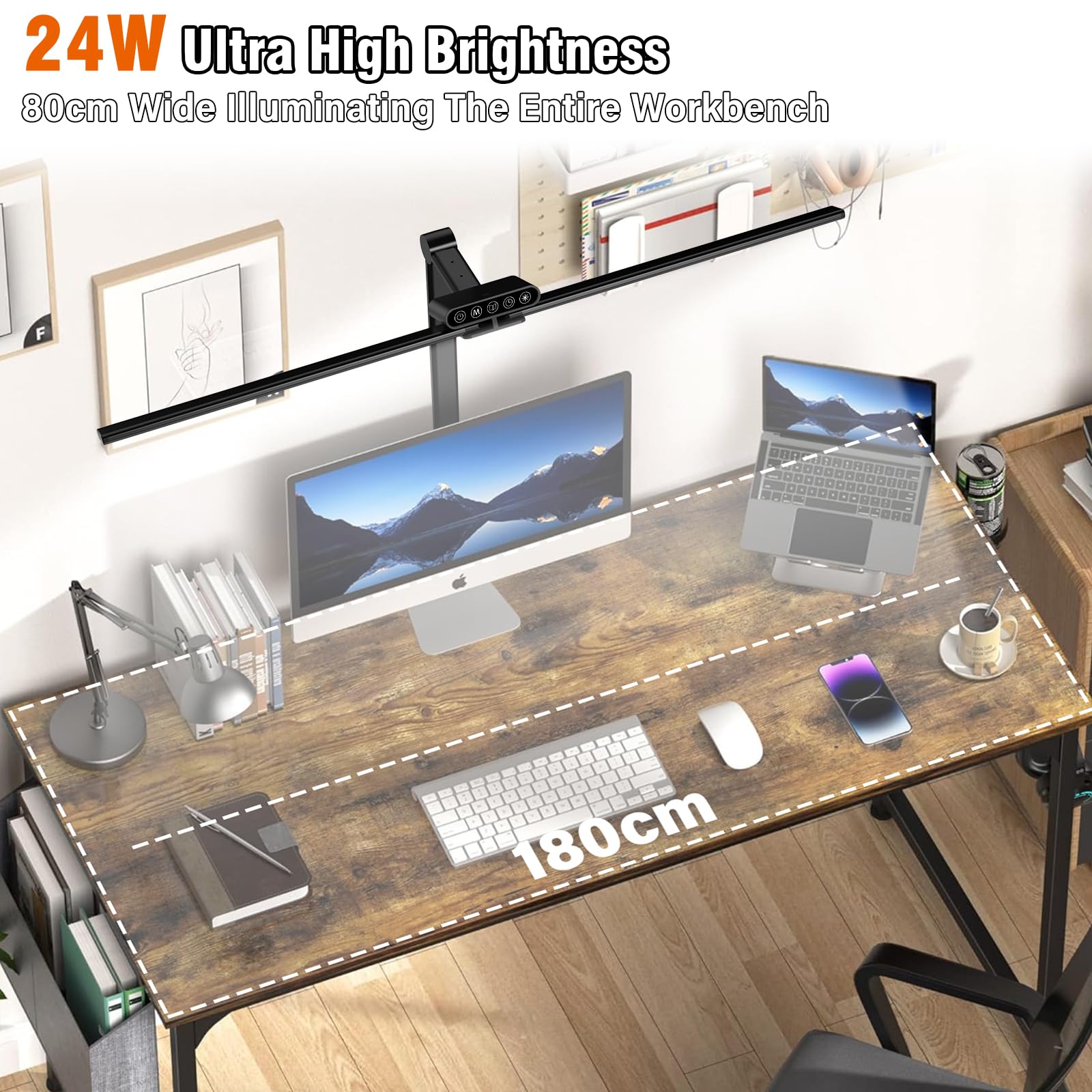 OGVDOE Lampada da Scrivania LED 24W 80cm Luce Tavolo a Doppia Controllo Touch Dimmerabile Luce Scrivania LED Lampada da Ufficio Lampada Monitor con Rimovibile Morsetto per Monitor Studio Ufficio