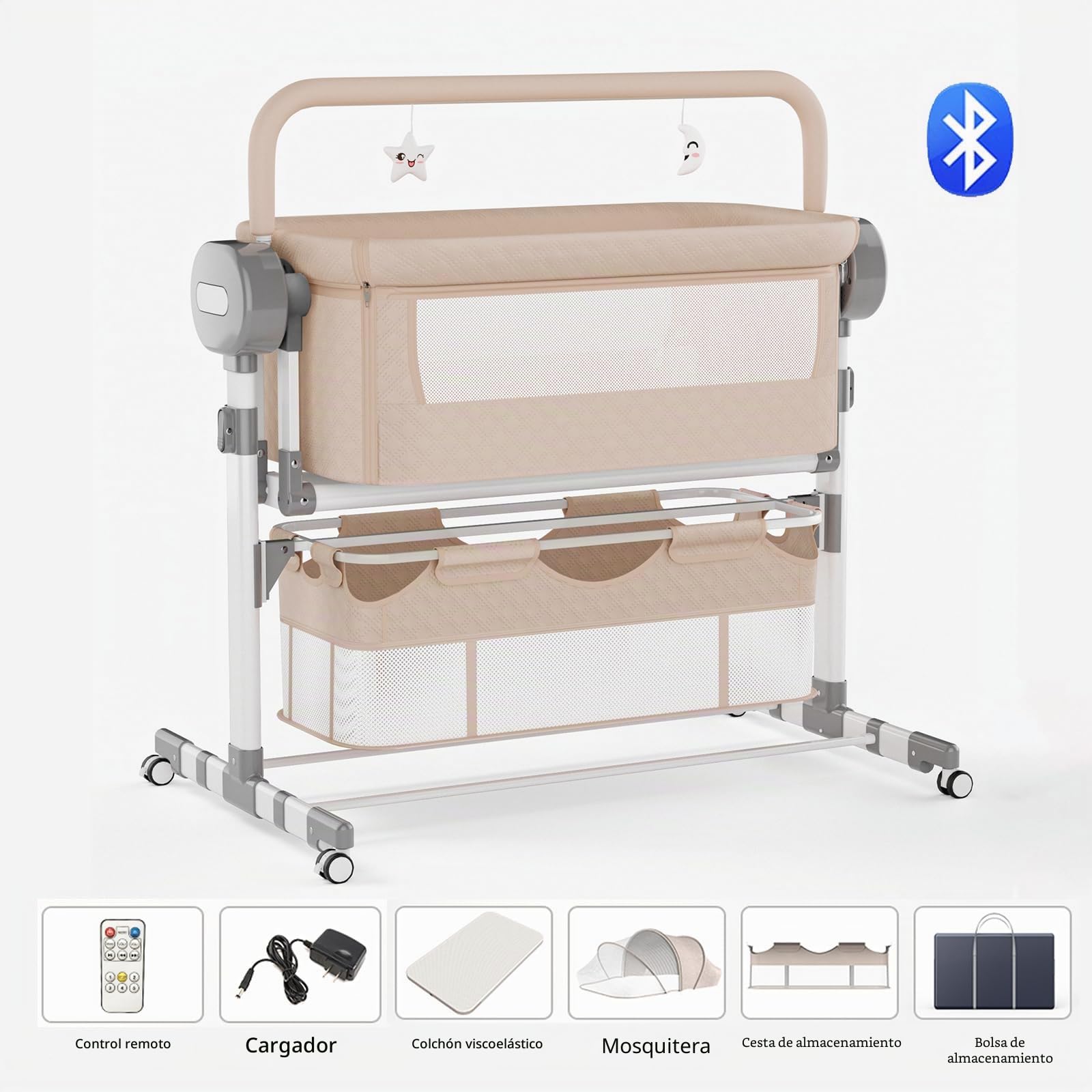 MoLi Eléctrico Bluetooth Inteligente Cuna Colecho Bebe, Cuna Next to me Convertible, 5 Engranajes de Balanceo y Control Remoto, Plegable Colecho Bebe con Colchon, Música (608 Khaki)