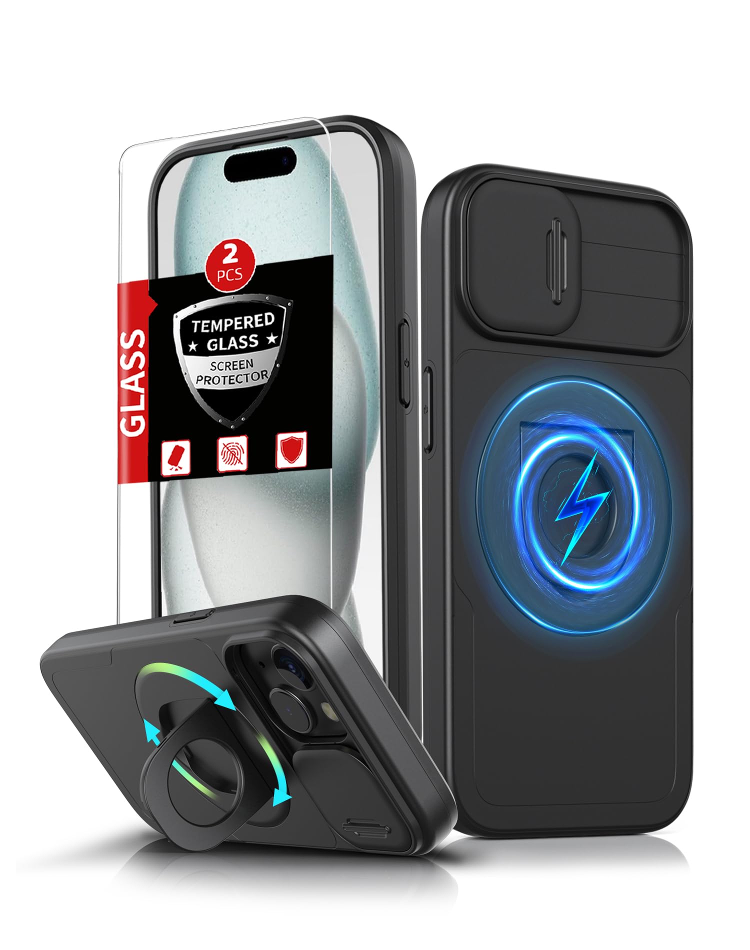 FRLMOOES for iPhone 15 Case Magnetic Compatible with MagSafe Wireless Charging,with 2 Screen Protectors,Built-in Kickstand Ring,with Camera Cover Shock-Absorbent Shockproof Heavy Duty Protection Black