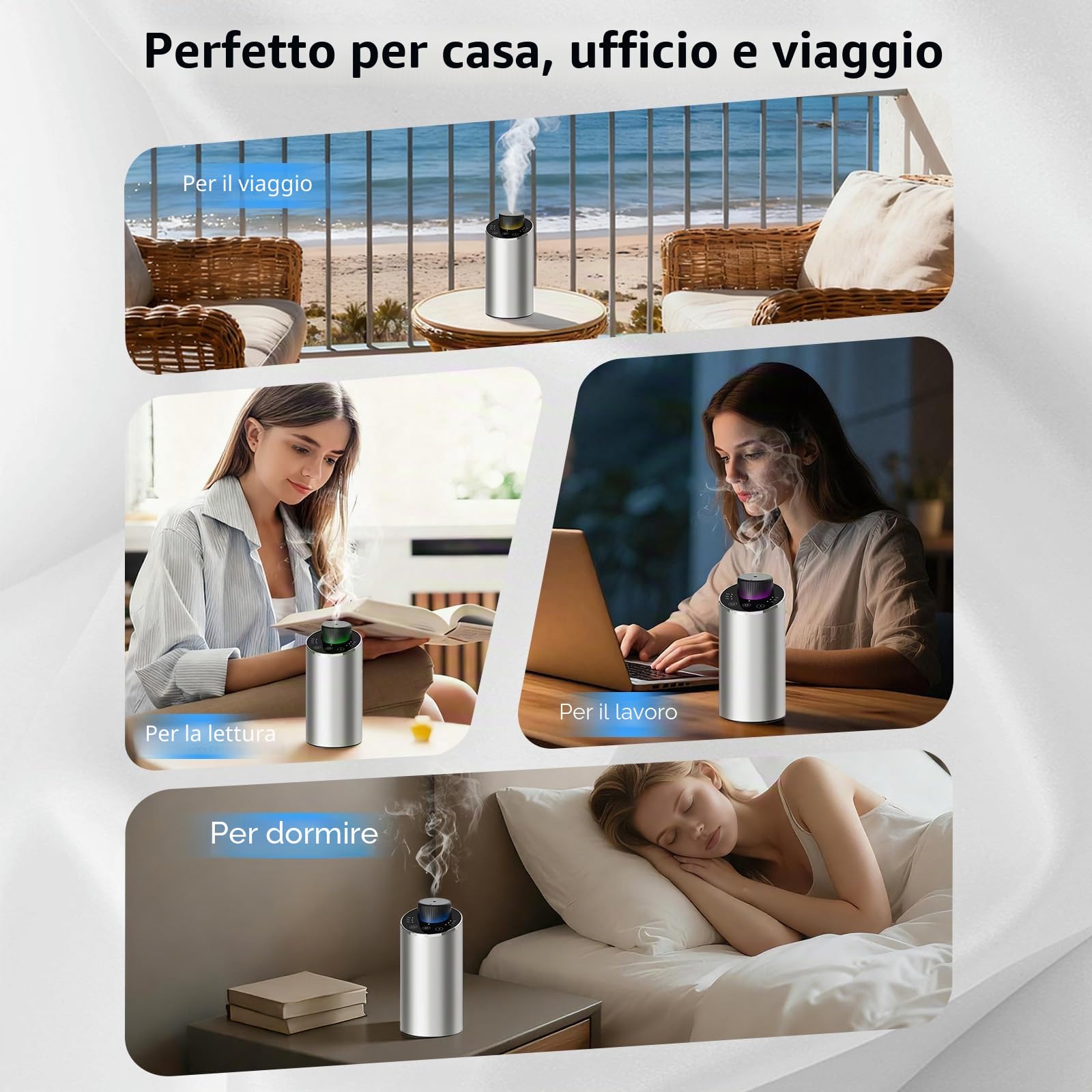 Diffusore oli essenziali, Diffusore di oli essenziali per Auto,Ufficio, Casa, Mini diffusore di aroma batteria, 4 timer e 3 livelli di nebbia (Argento)