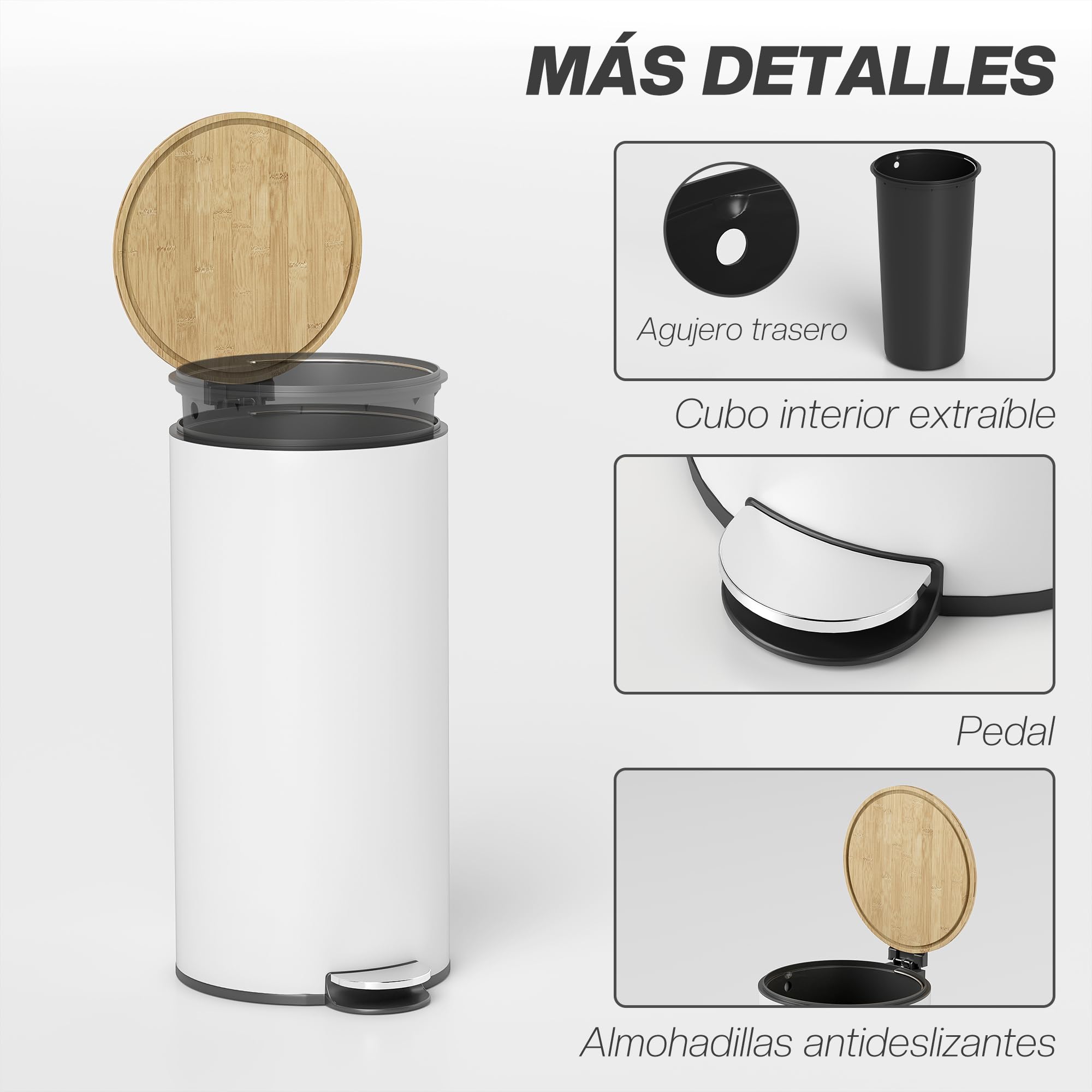 HOMCOM Cubo de Basura Cocina con Pedal, 30L, Papelera de Cocina Metálico con Tapa de Cierre Suave y Cubo Extraíble, para Dormitorio, Oficina, Estudio y Salón, 36x30x60,5 cm, Blanco y Madera Natural