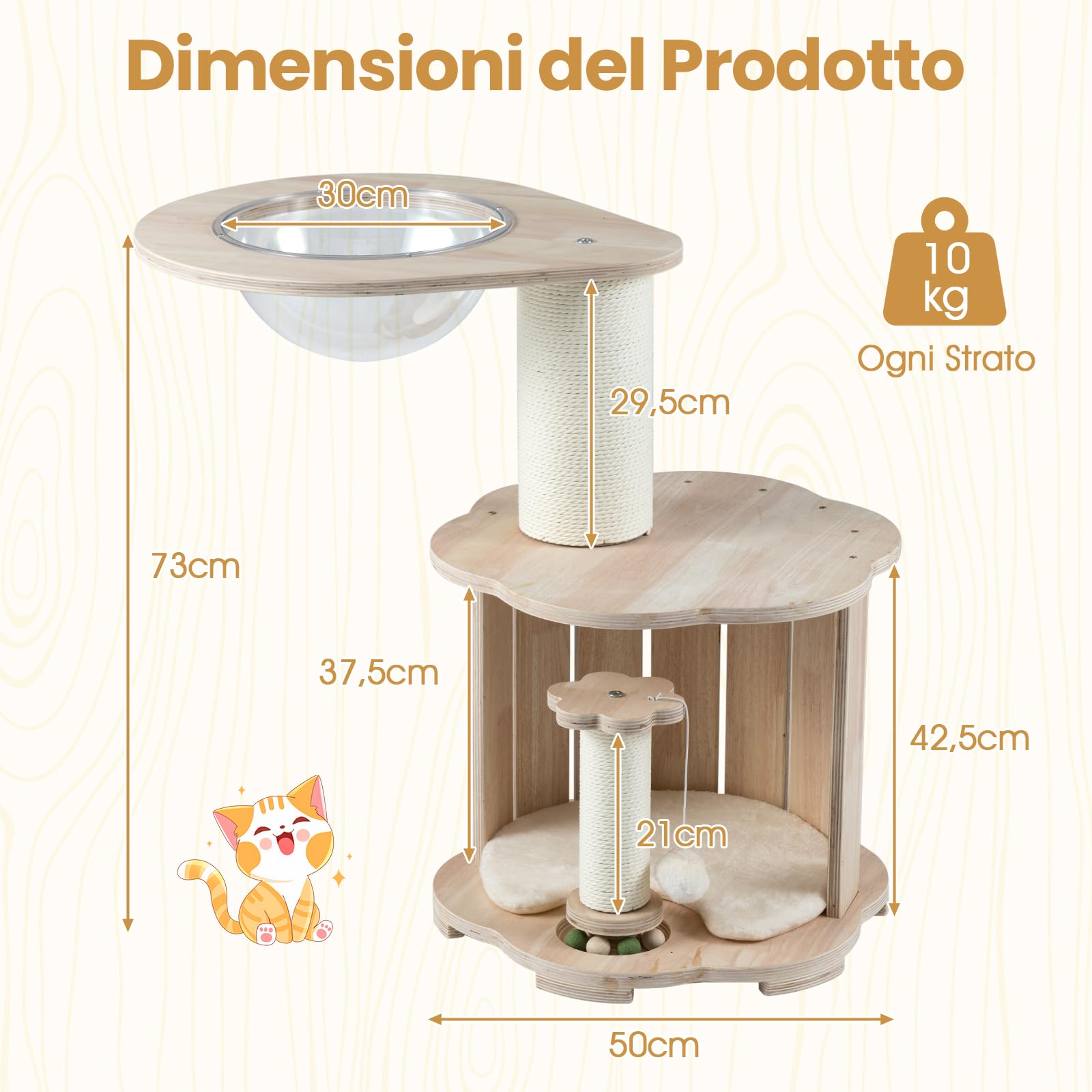 COSTWAY Albero per Gatti Alto 74 cm, Tiragraffi per Gatti in Legno con Condo, Capsula Spaziale, Tiragraffi, Gioco Interattivo con Pista per Palline in Legno, Pallina Appesa e Tappetino Lavabile