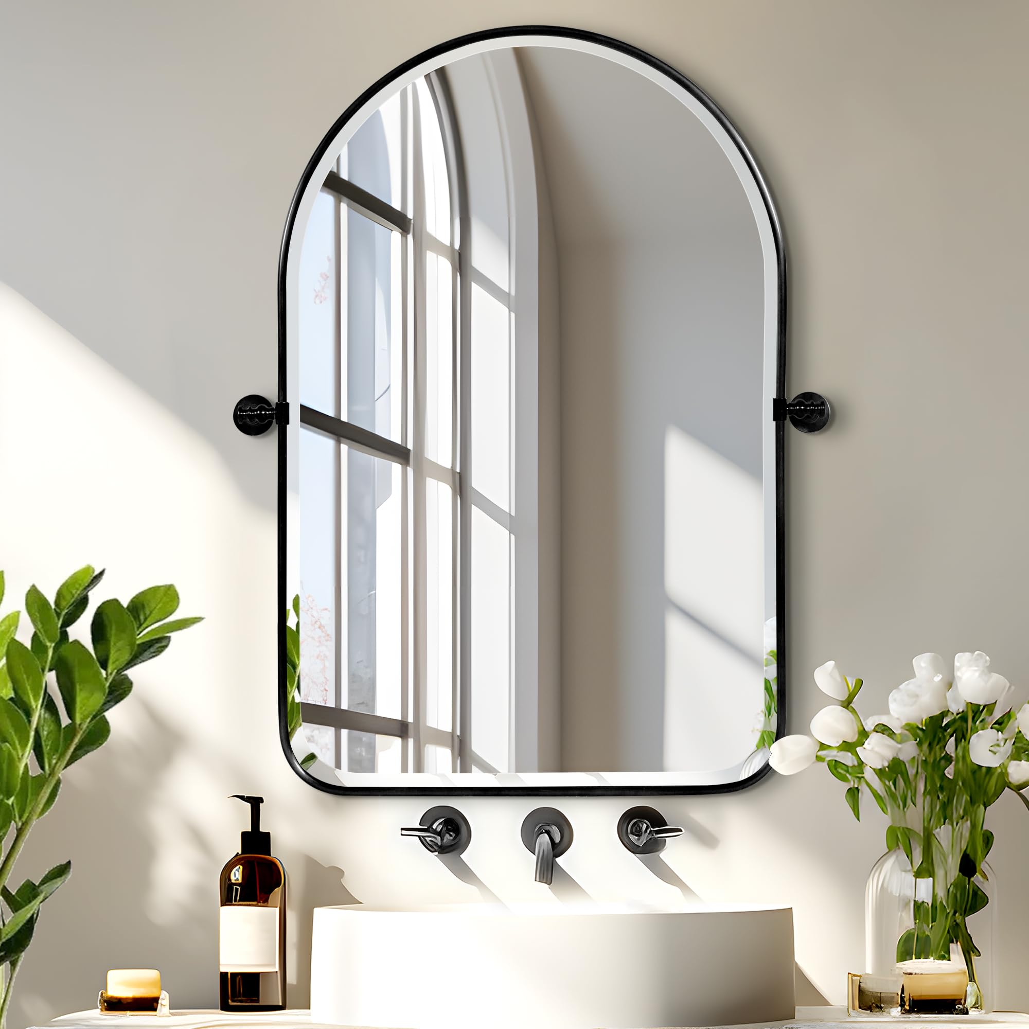 NicBex Arched Bathroom Mirror 32"x 23" Black Mirror Pivot Mirror Bathroom Mirrors for Over Sink Arched Wall Mirror for Bathroom Rectangle Mirror Ornate Mirror Pivoting Mirror