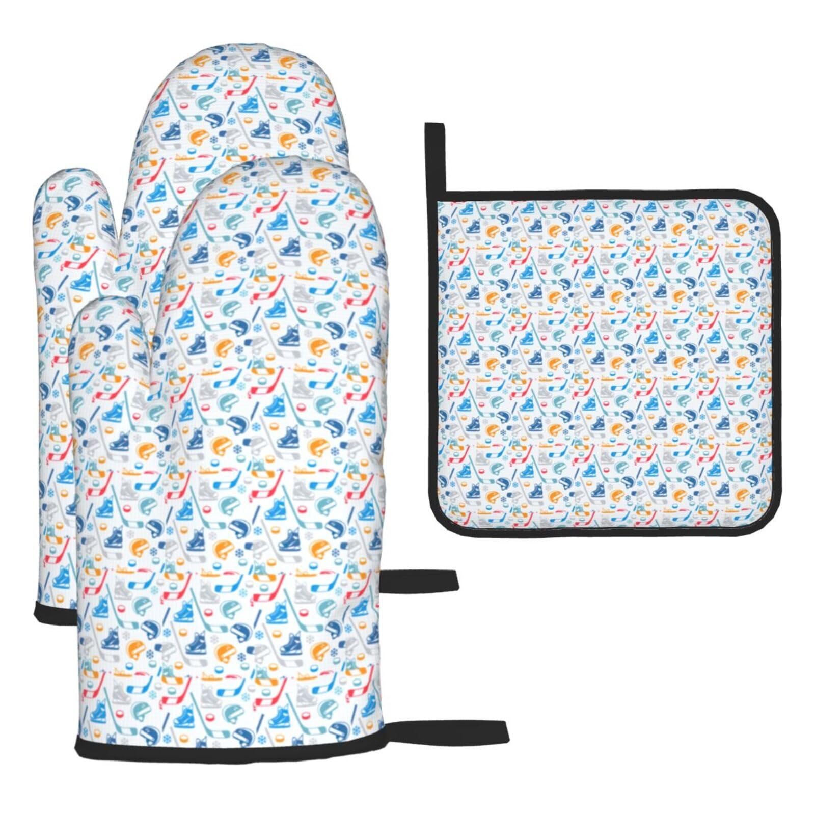 Hockey Elements Creative Patterned Print Oven Mitts Kitchen Gloves Set Everyday Baking Grilling Microwaving Cooking Gift