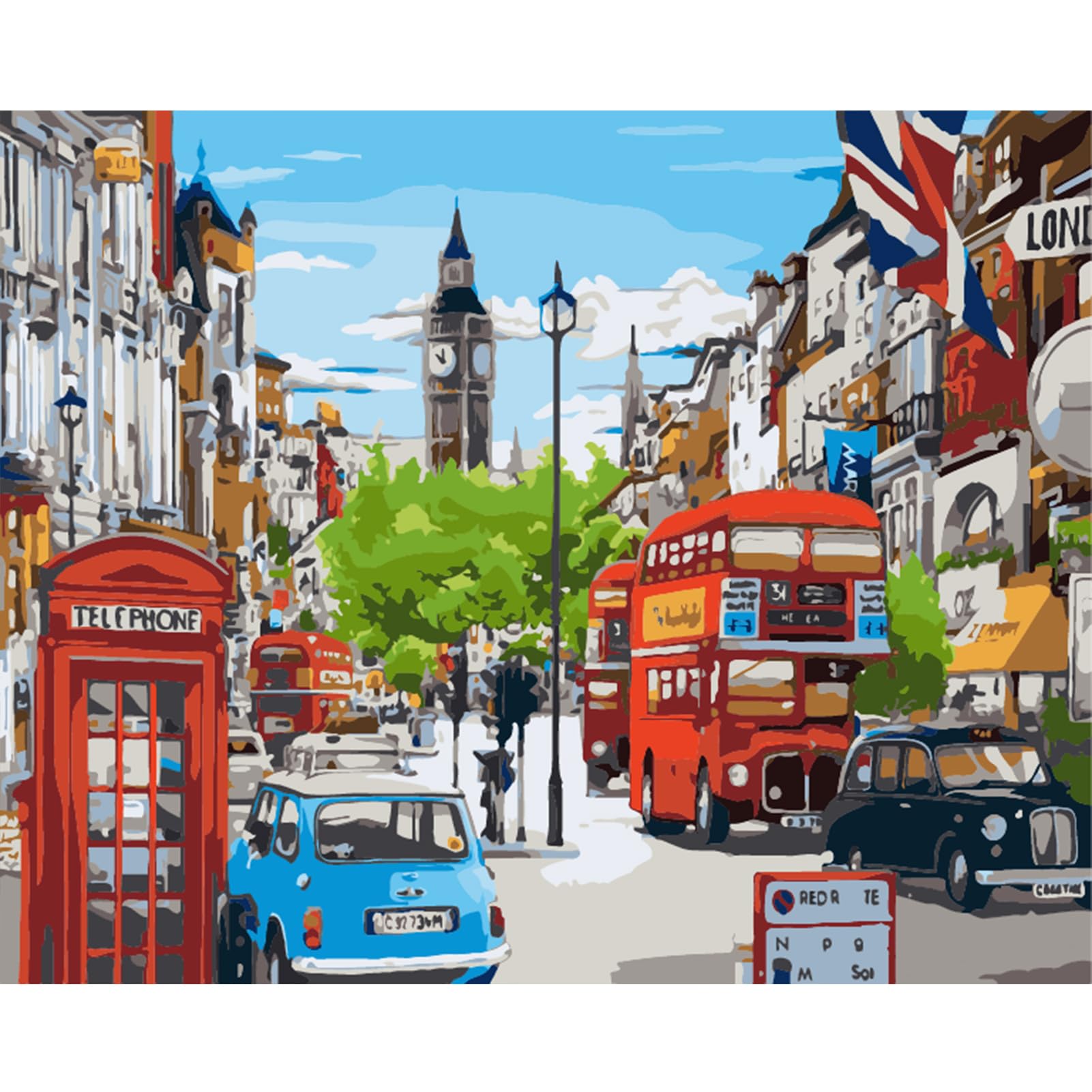 JATOK Paint by Numbers Kit for Adults Beginners, London Street Scene DIY Easy Acrylic Oil Painting by Numbers on Canvas, Paint-by-Numbers Drawing Kits for Gift Home Wall Decor Without Frame 16x20in
