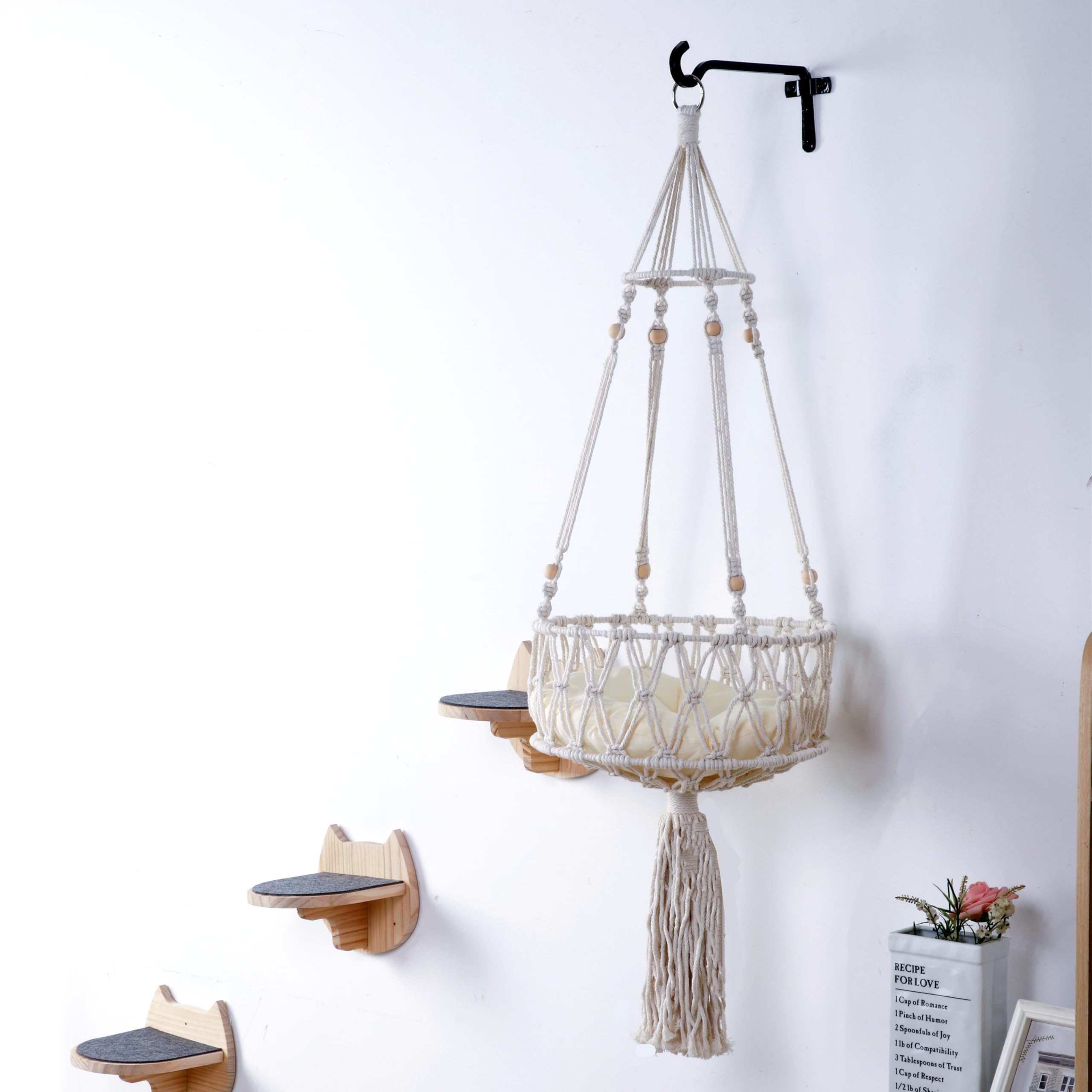 SHENGOCASE Macrame Boho Cat Hammock with 3 Steps and Hook, Wall Mounted Swing Bed, Hanging Cat Bed for Indoor Cats, Wall Furniture (13")