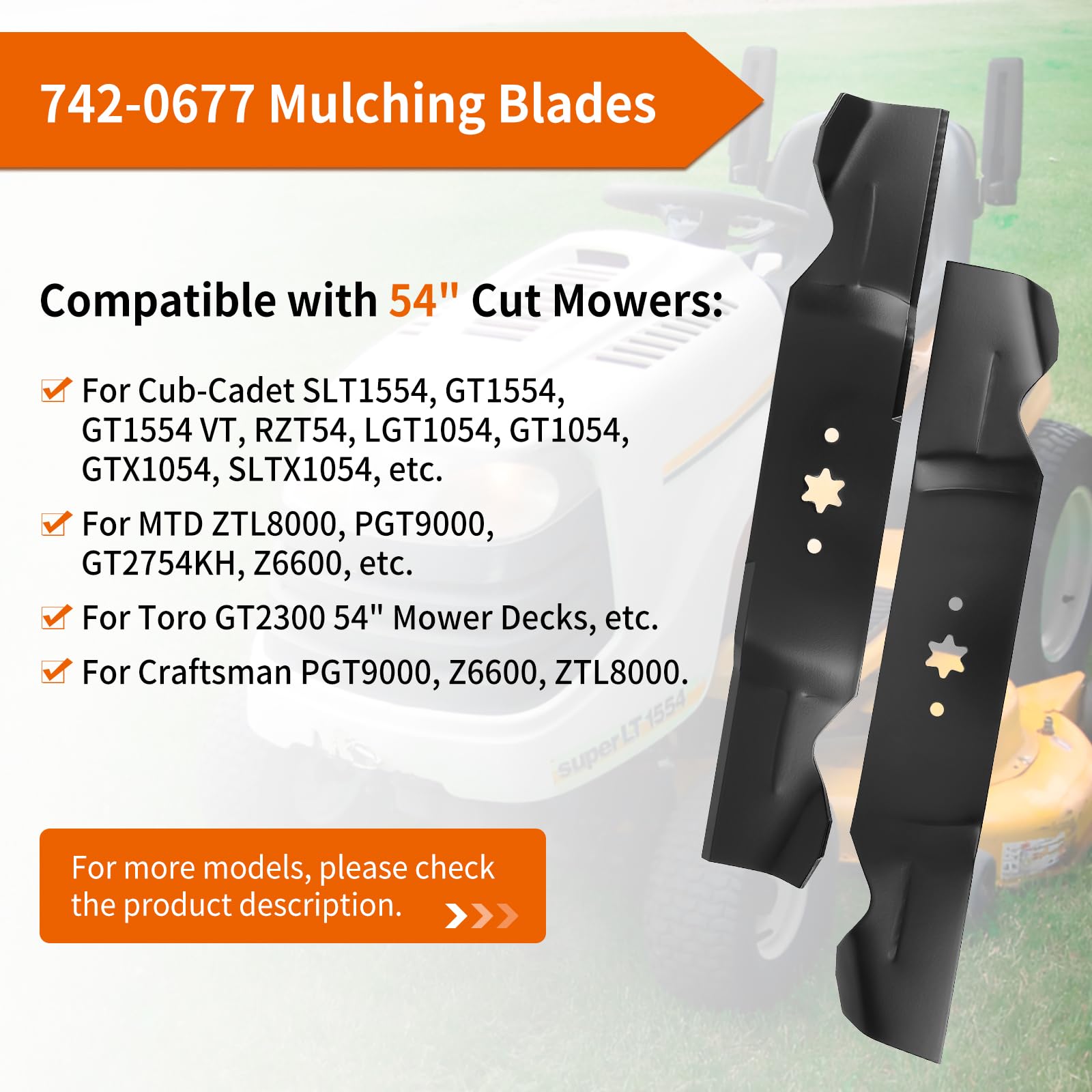 Cuchillas de cortacésped 942-0677 aptas para cubierta Cub Cad et 54 pulgadas, cuchillas de mantillo 942-0677B aptas para tractor de césped MTD Cub Cad et Craftsman Toro de 54 pulgadas