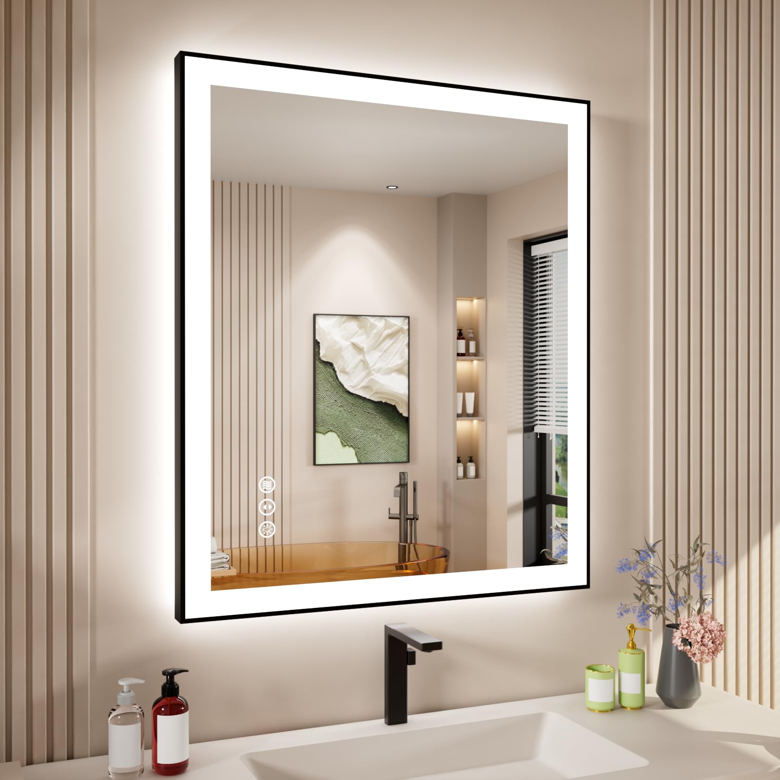 as is- 30x36 inch led bathroom mirror with black frame, backlit and front lighted bathroom mirrors for wall, anti-fog, dimmable, memory, shatterproof, led vanity mirror for bathroom