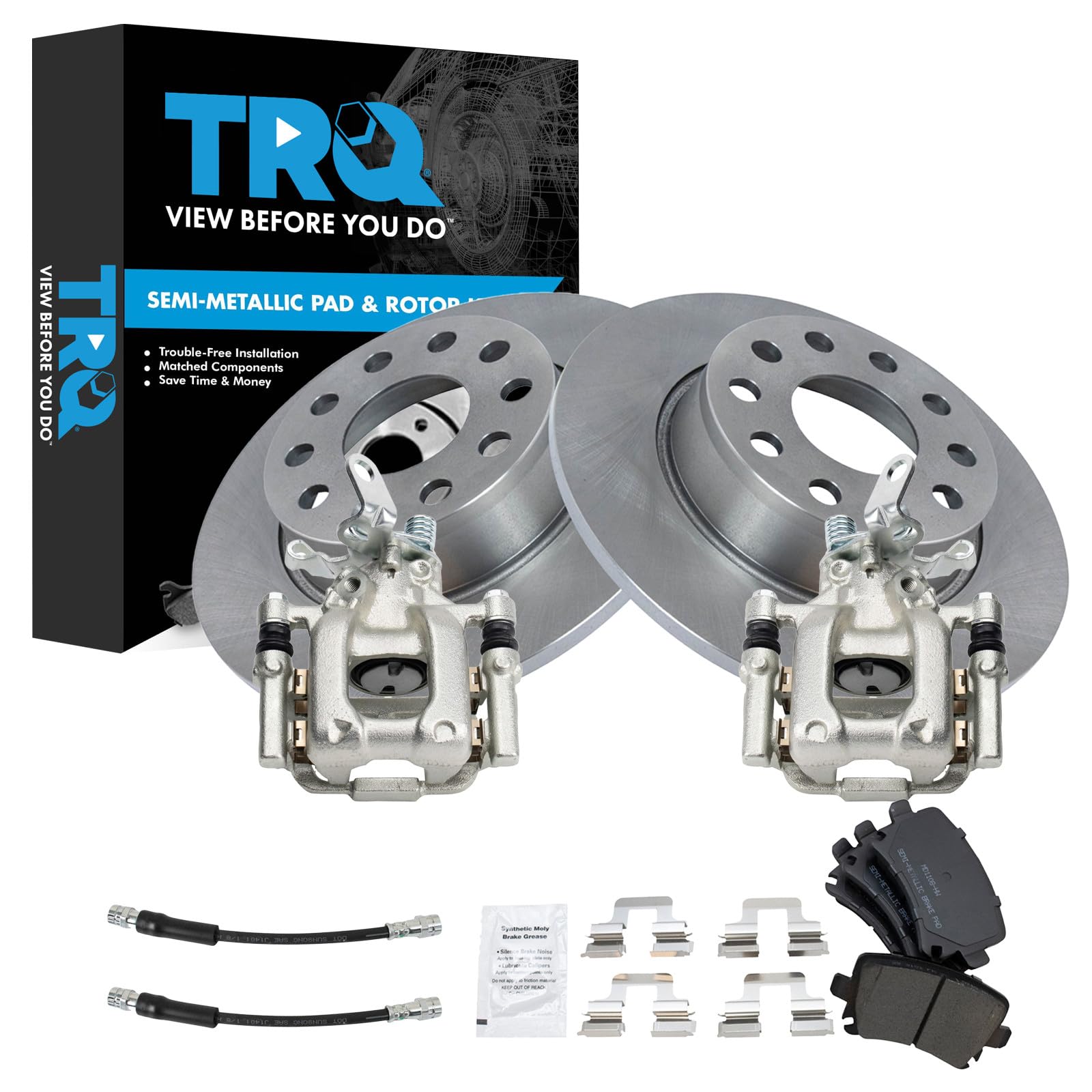 TRQ Rear Brake Pad and Rotor Set Semi Metallic Rotors Calipers Compatible with 2010 Volkswagen Jetta