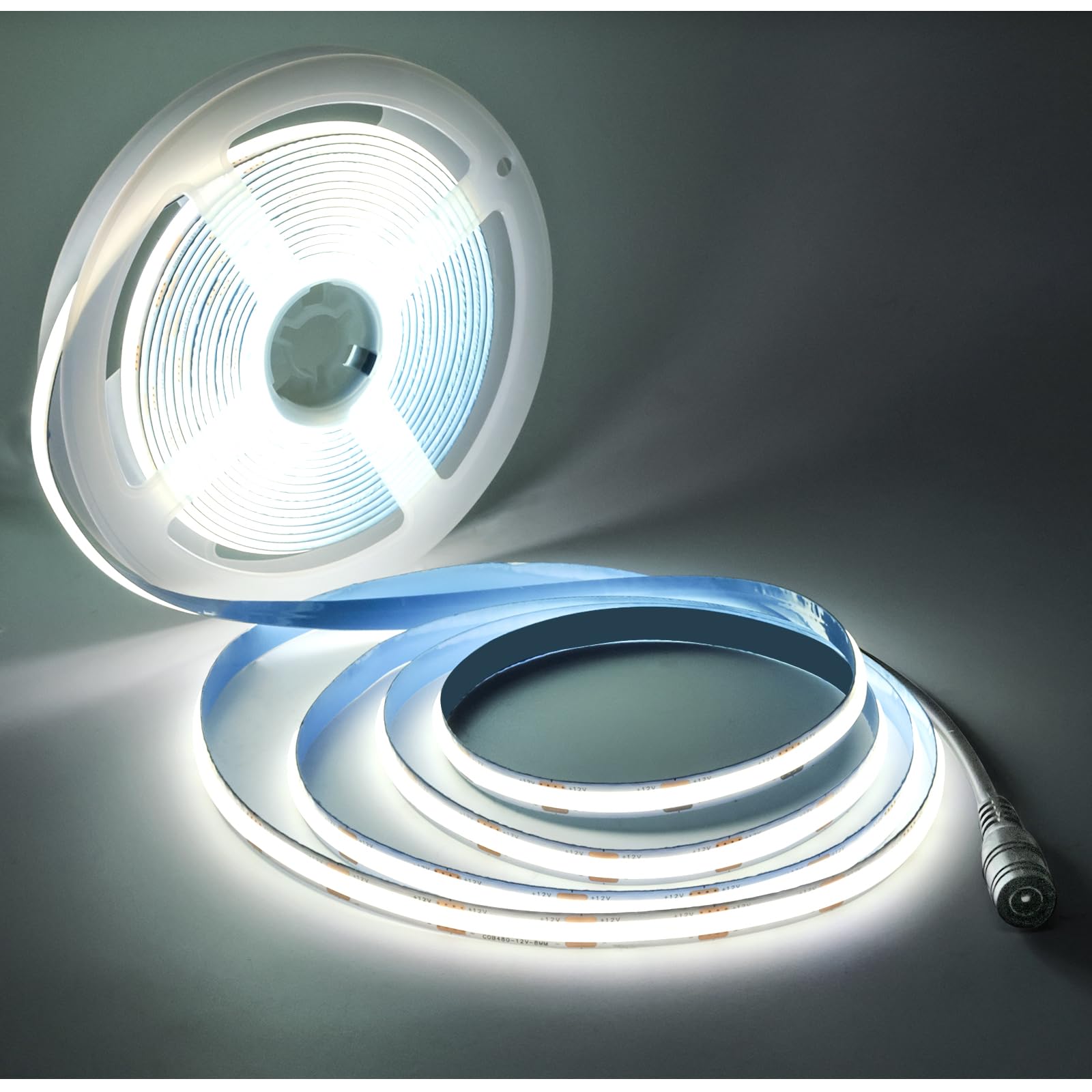 LED Strip Light COB, DC 12 V 5 Metre Band 480 LEDs/M White 6000 K Neon Light Dimmable Super Bright 5000 LM Light Strip with DC Connection for Party, Counter, Shelf, Home Decor