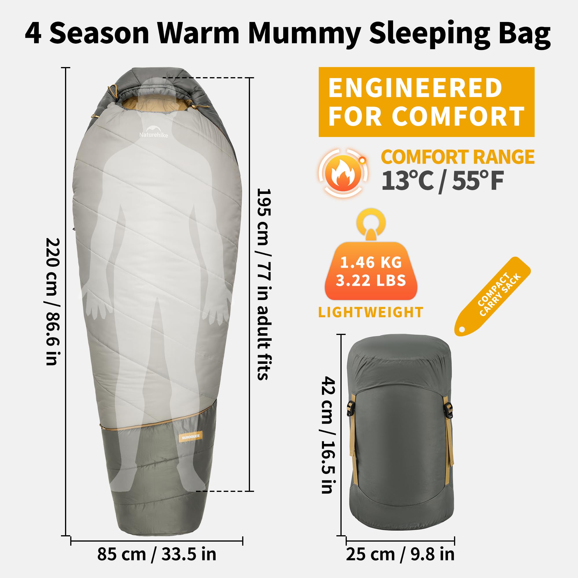 Naturehike Mujin Pro - Saco de dormir para adultos, 4 estaciones, cálido, impermeable, resistente al frío, ligero, portátil, para camping, senderismo, viajes al aire libre