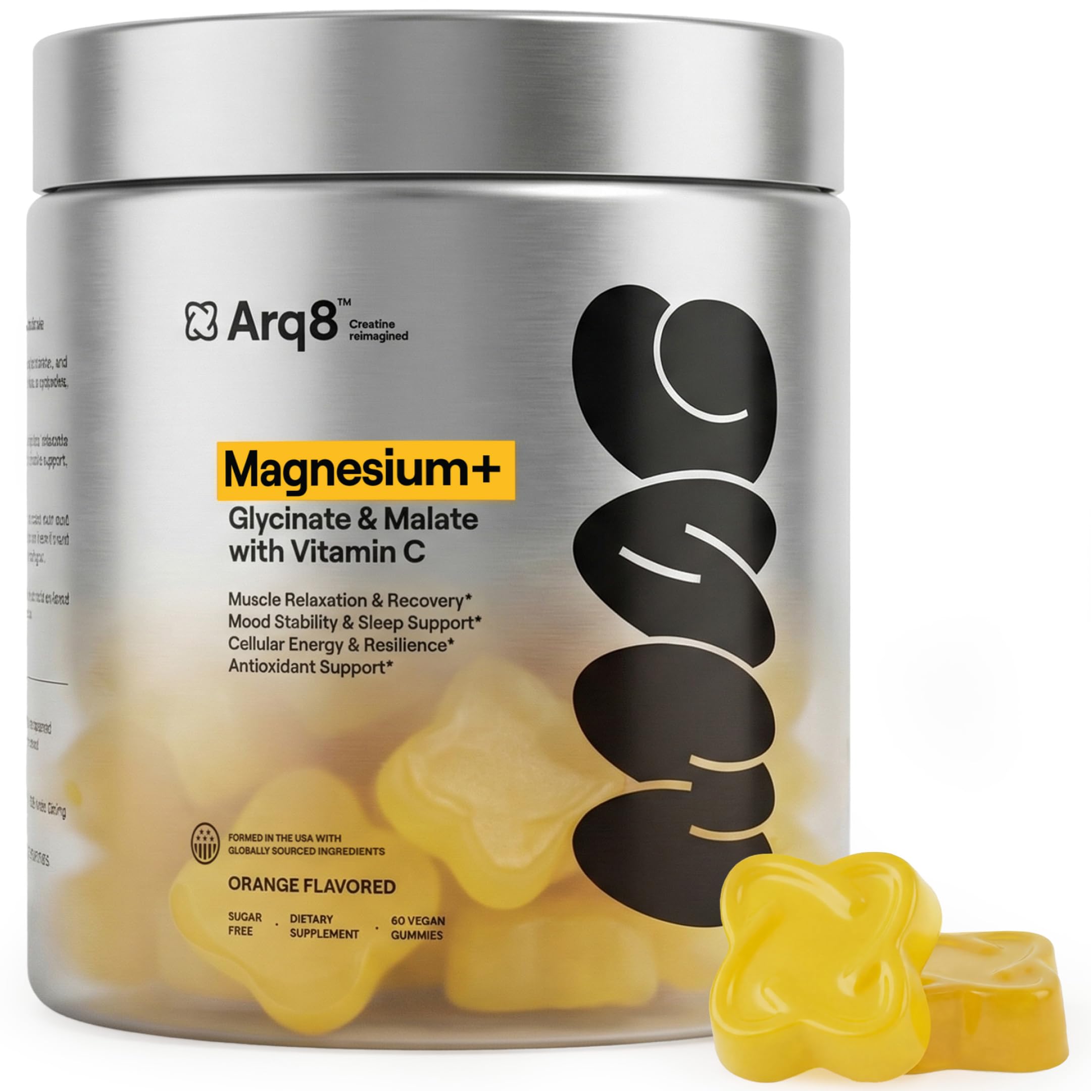 Magnesium Gummies 200 mg per Serving, Magnesium Glycinate & Malate with Vitamin C, Sugar-Free, Vegan, Magnesium for Men & Women, 60 Gummies, 30 Servings, Orange Flavor 60 Count (Pack of 1)
