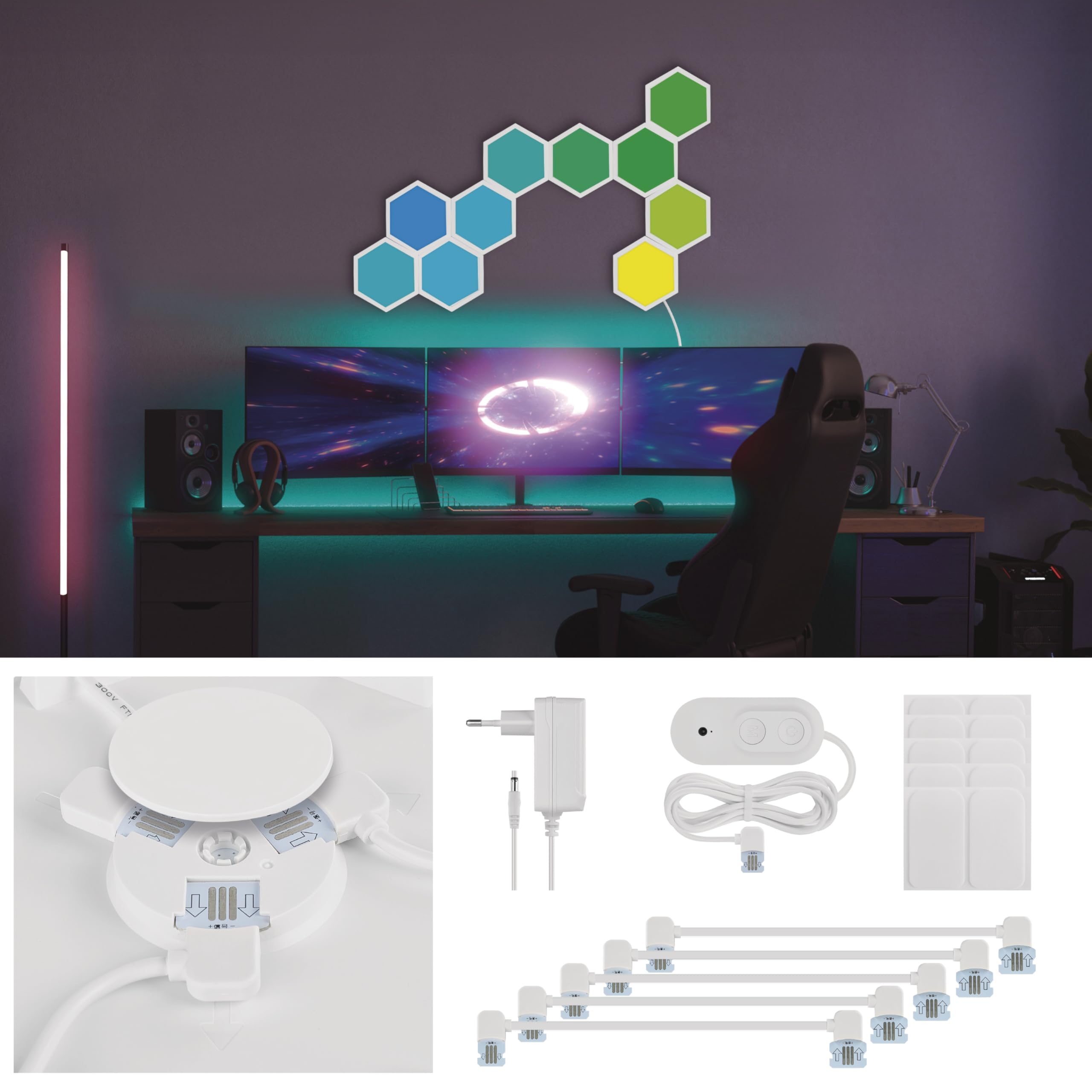 EMOS - Smart Hexagon Wandleuchte, Startset 10 Stk Sechseck-Elemente - WiFi Modular-Beleuchtung mit RGBIC-Farbspektrum, dimmbar - HandyApp, Sprachassistenten - 1,5m Kabel und Netzteil - weiß