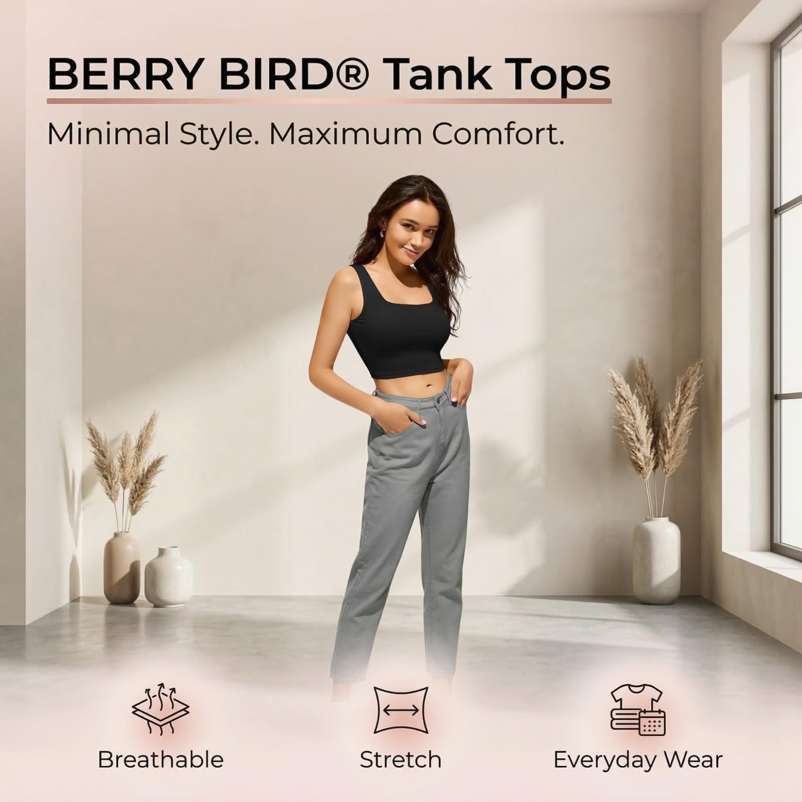 BERRY BIRD® Stylish Women's Sleeveless Square Neck Ribbed Crop Tops for Gym, Beach,and Casual Stylish Wear Tank Tops