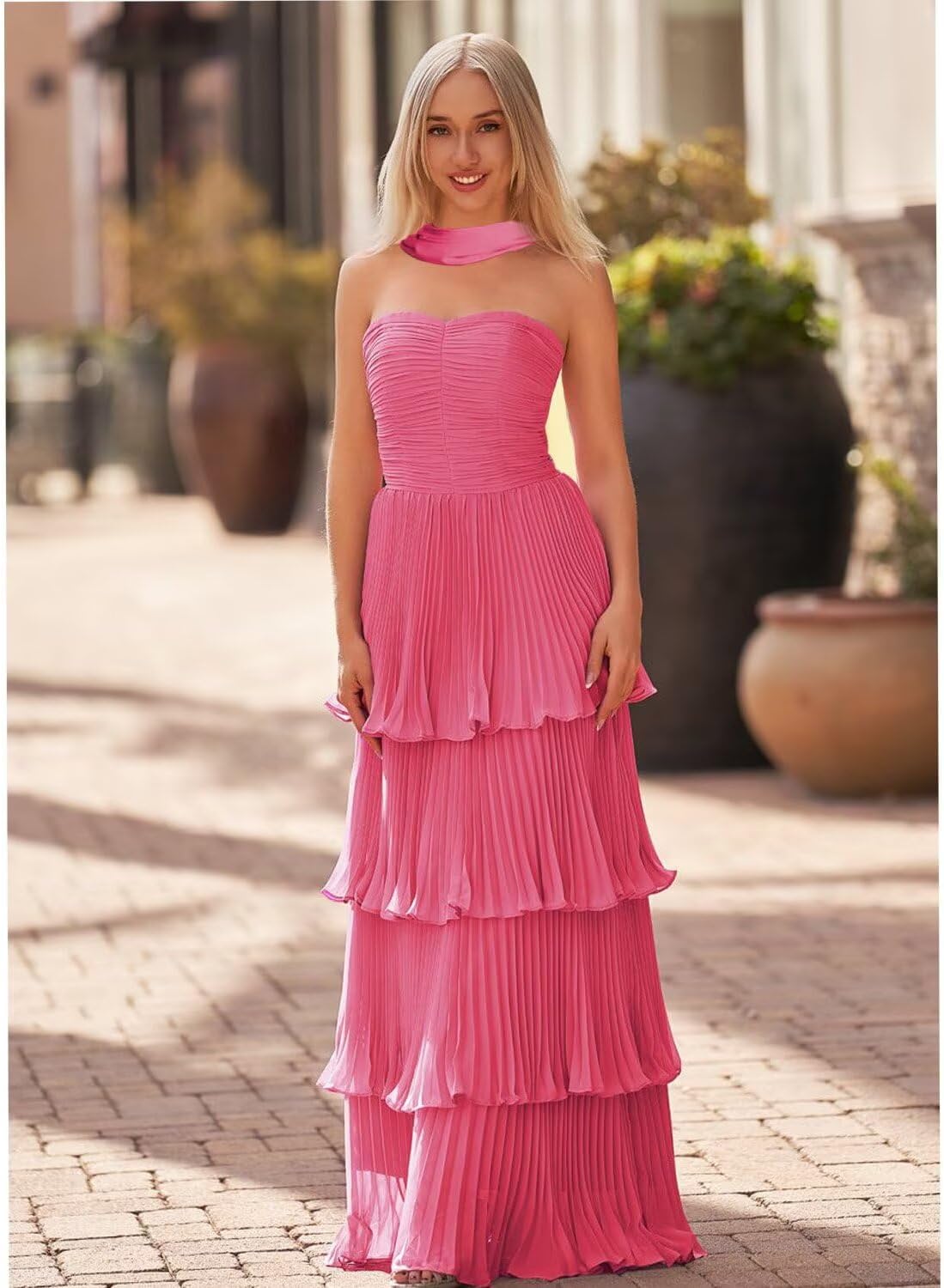 Women's Strapless Tiered Ruffle Bridesmaid Dresses with Scarf Long Pleated Chiffon Formal Evening Prom Gowns - Image 6