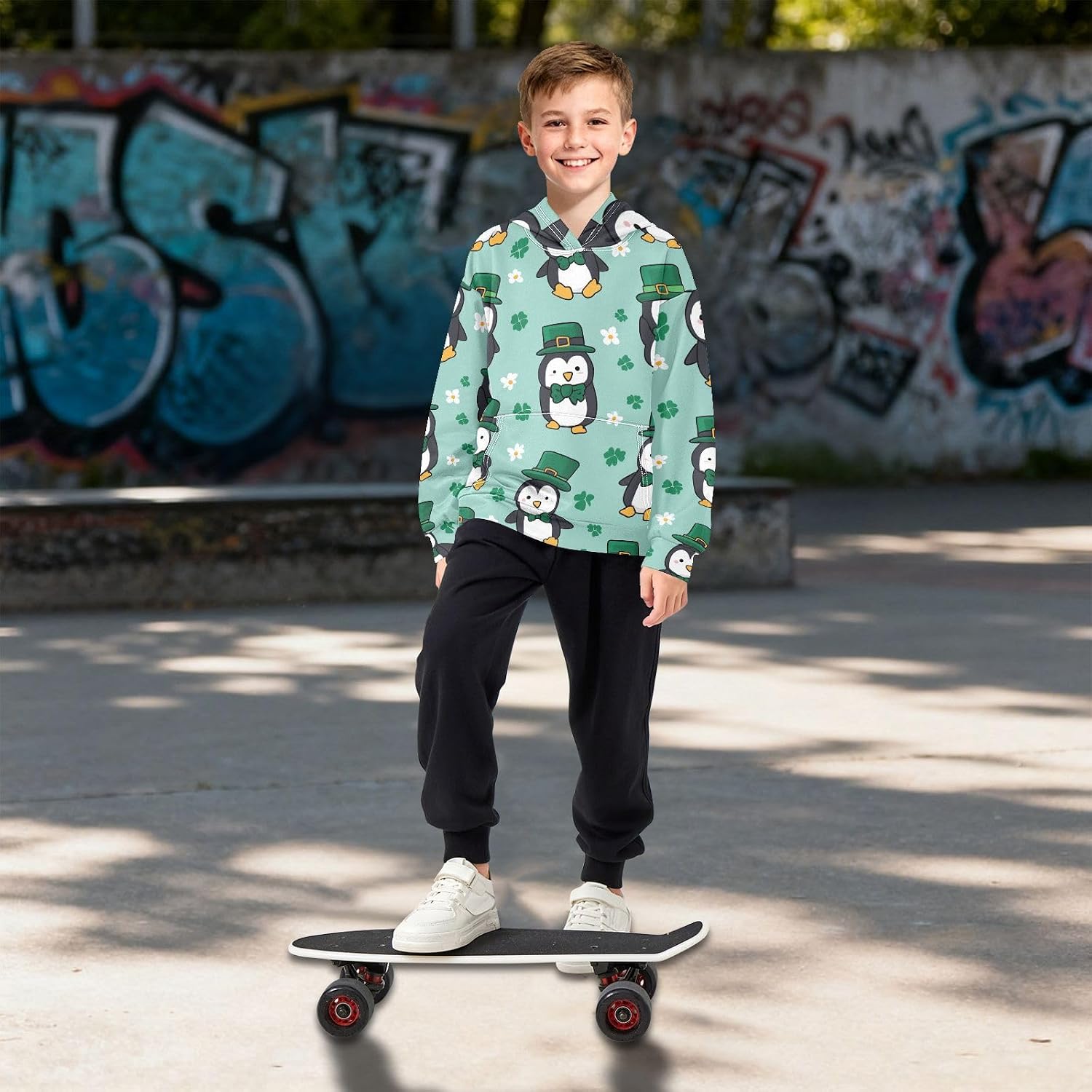 ZZXXB Penguin Clovers Kids Sweatshirts Boys Girls Hooded Kangaroo Pocket Pullover Tops XS-XXL