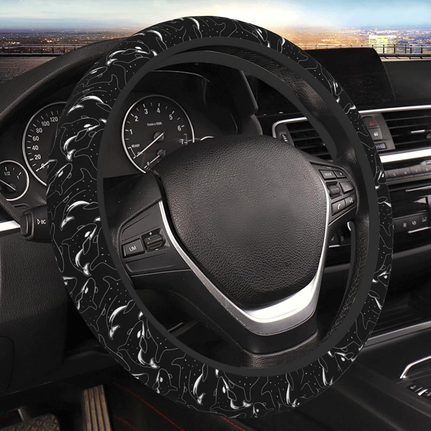 Whale Orca Killer Black Car Steering Wheel Cover, Universal Car Accessory Breathable Anti-Slip Elastic for Men Women