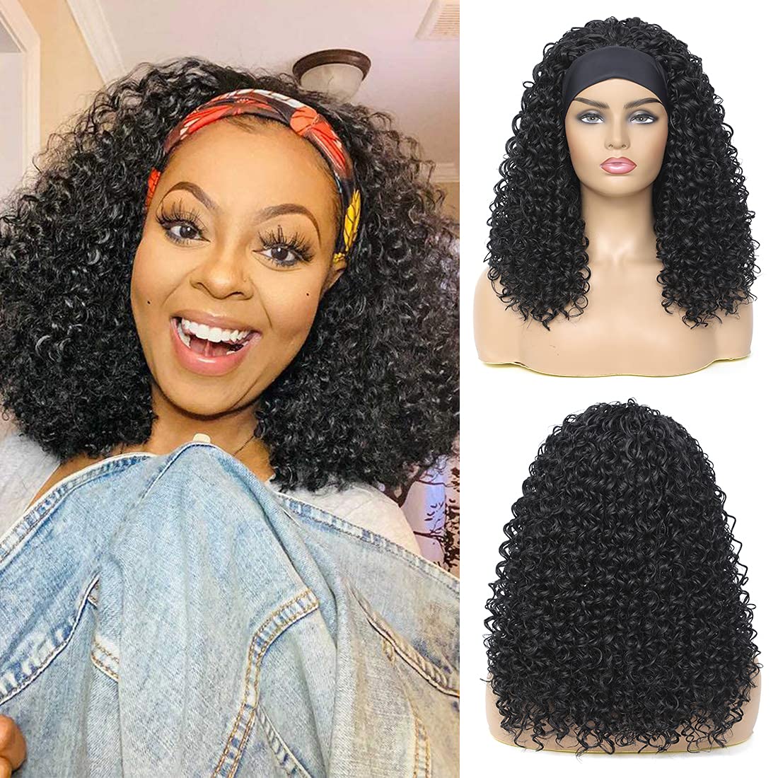 Headband Wig Curly Afro Kinky Synthetic Wigs 18 inch Curly Headband Wig for Black Women Natural Black Color Deep Water Wave Hair with 1 Free Hair Bands Can be Restyled