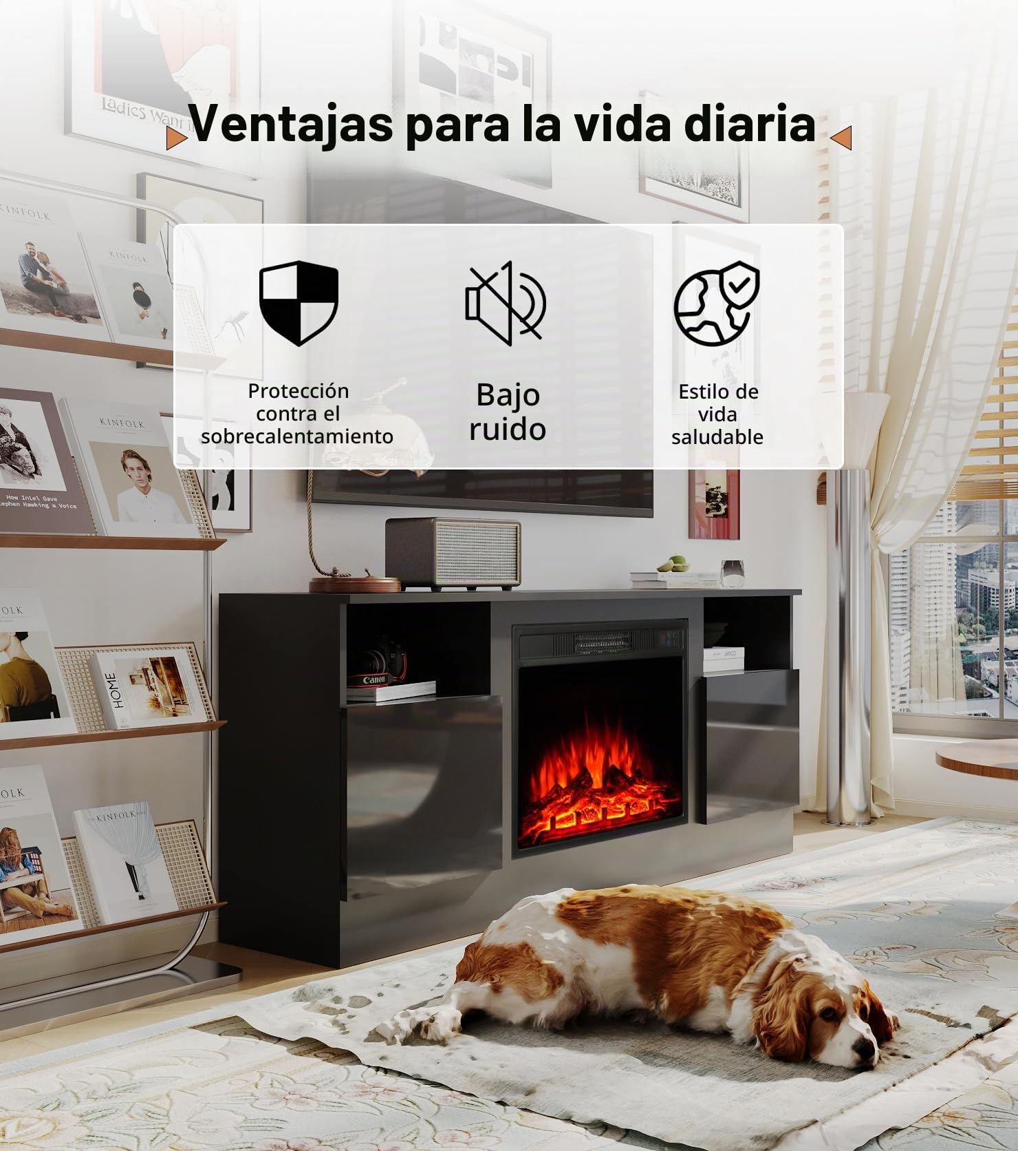 M.C.Haus Chimenea Eléctrica con Soporte de TV, para TV de hasta 143.9cm*80cm,Entretenimiento en Textura de Madera con Luz LED, Mueble de Realce y Frente de Cristal, 147.3cm,Negro