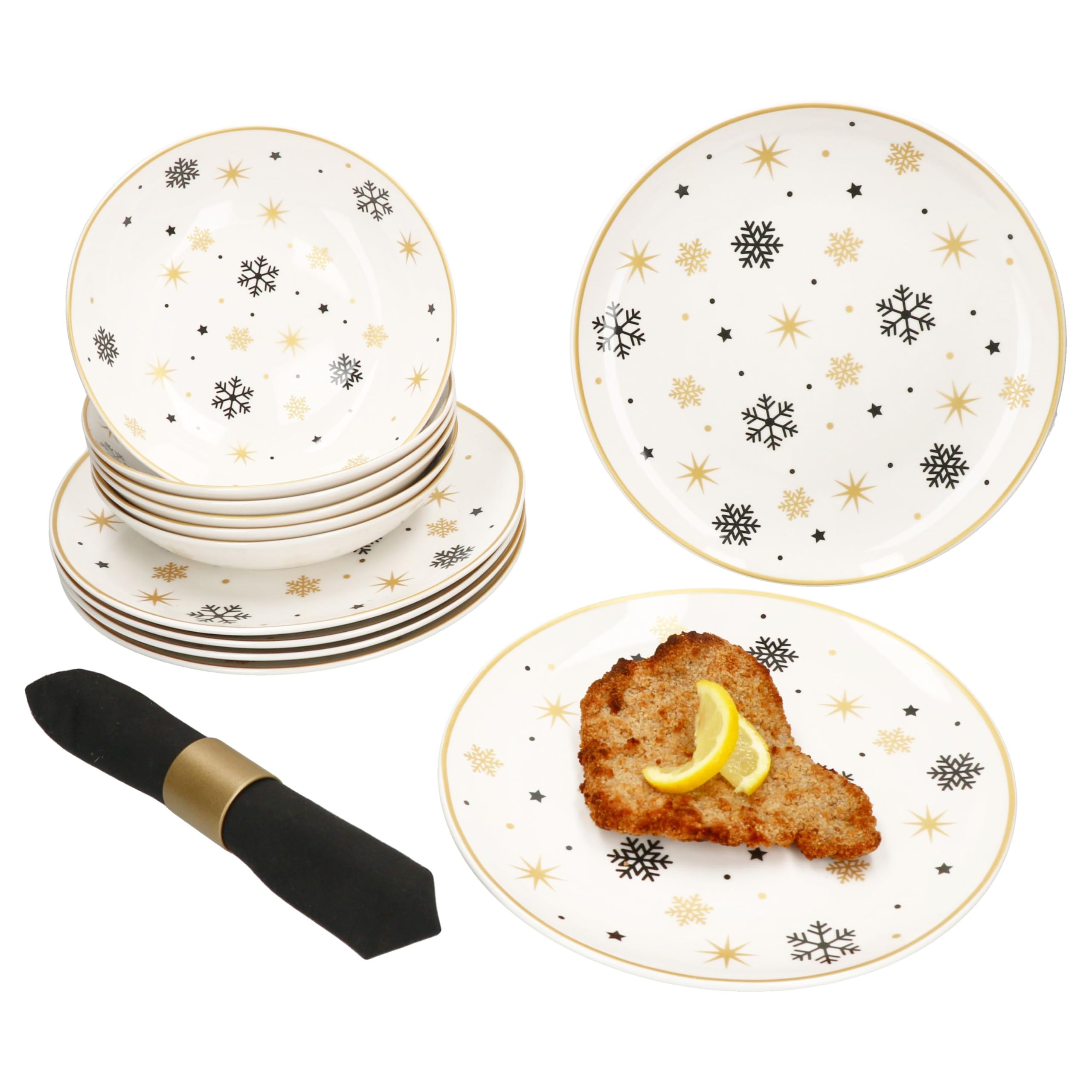 MamboCat Stars schwarz & Gold 12tlg Tafelservice I Steingut-Geschirr für 6 Personen Sternen & Schneeflocken I 6X Flache Speiseteller & 6X Tiefe Suppenteller 500ml