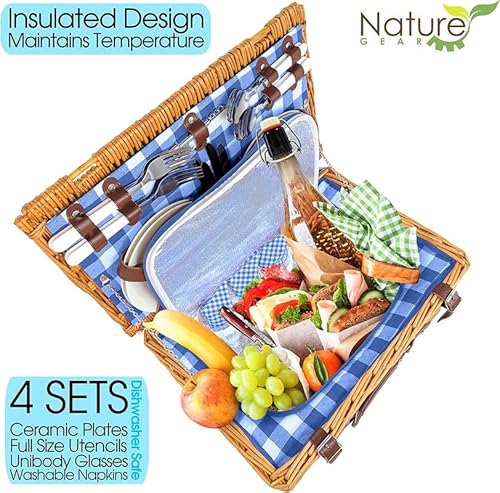 Nature Gear Upgraded 4 Person Xl Picnic Basket (4 Person + Blanket, Blue & White) #TOP4