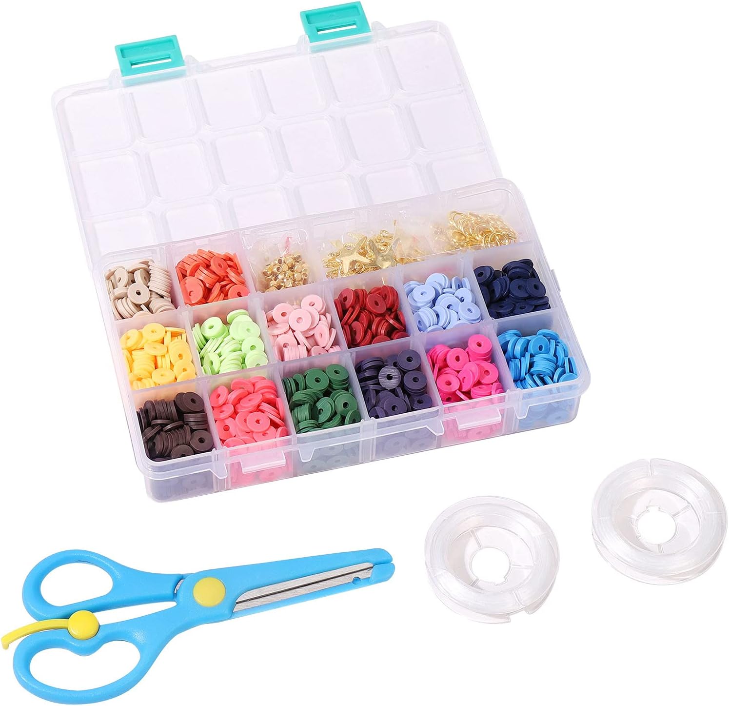 BEEFLYING 2520Pcs 14 Colors Heishi Polymer Clay Beads Flat Round Spacer Beads Kit with Shell Pendants Elastic String Container Box Jump Ring for DIY Bracelets Necklace Jewelry Making (8mm)