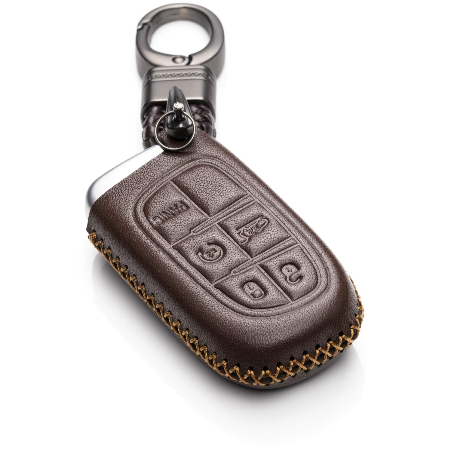 VitodecoGenuine Leather Smart Key Fob Case Cover Protector for 2014-2018 Jeep Cherokee, 2013-2017 Ram 1500, 2500, 3500 (5 Buttons, Brown)