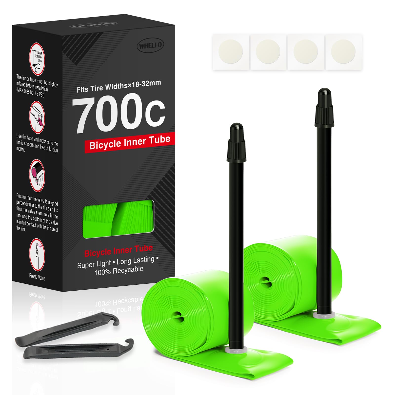 WHEELO Paquete de 2 tubos interiores de TPU, 700C x 18-32 mm, tubo de bicicleta de carretera de 45 mm/65 mm/85 mm, fuerte y compacto | Compatibilidad de llanta y freno de disco