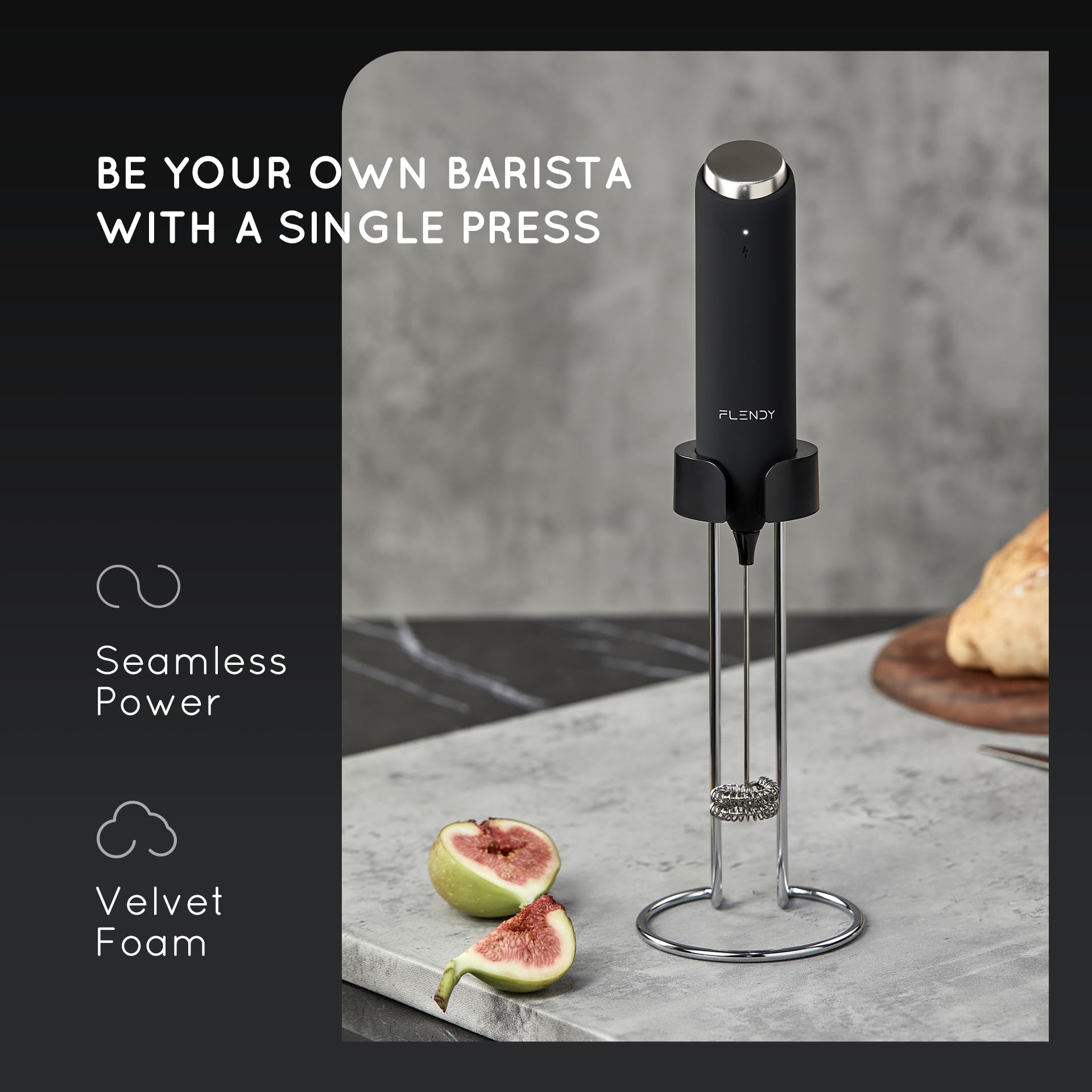 Flendy Mousseur à lait portable rechargeable avec support de charge USB-C, mélangeur électrique à main, double fouet pour café, matcha, etc. (Noir)