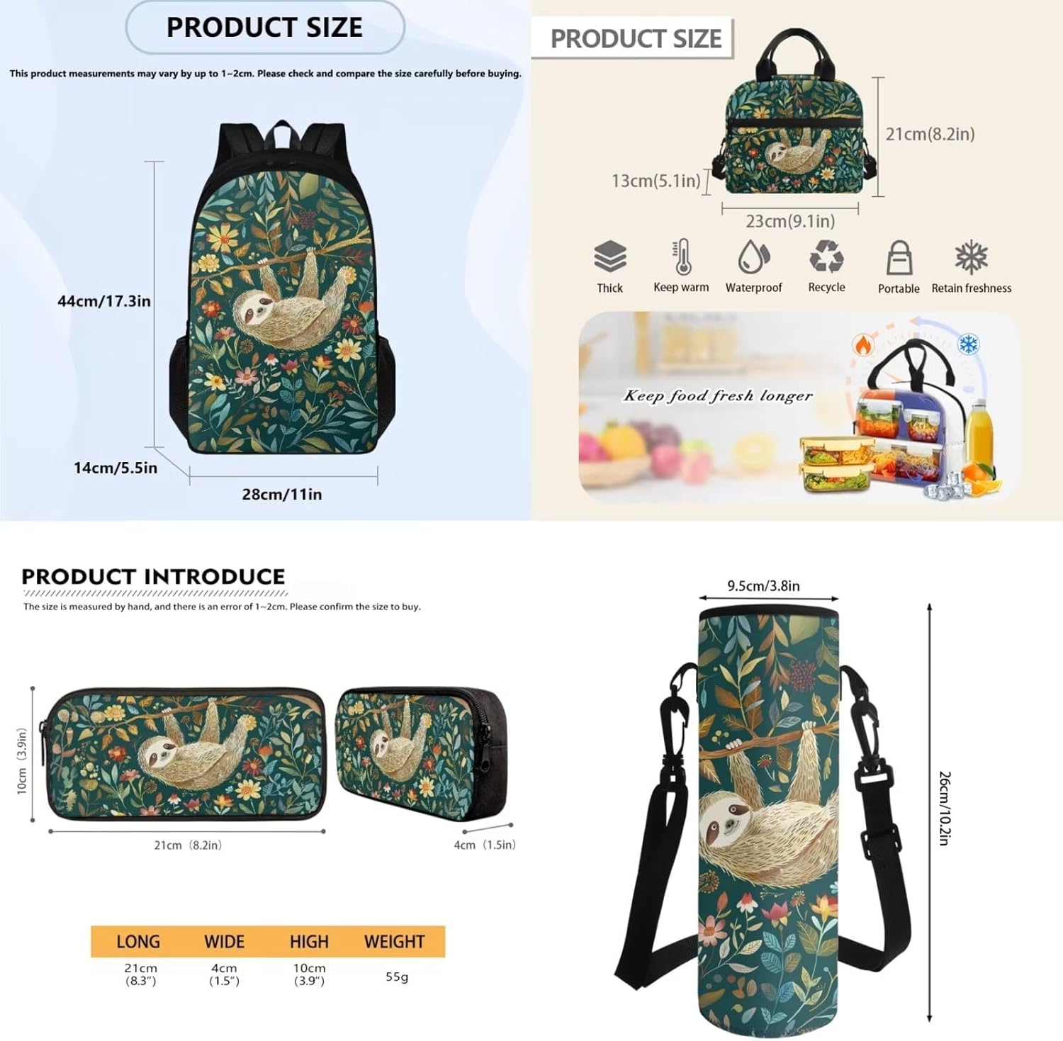 Sloth Floral School Backpack with Insulated Lunch Box Pencil Case Water Bottle Holder for Teens 4 Pcs Set, Student Bookbag School Bag Boys Girls Daypack for Travel Sport