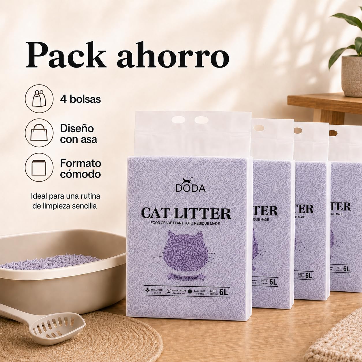 Arena Tofu Gatos 8kg DODA – Arena Aglomerante para Gatos, Arena Vegetal de Tofu Biodegradable, Bajo Polvo, Control de Olores, Absorción Rápida, Aroma Lavanda